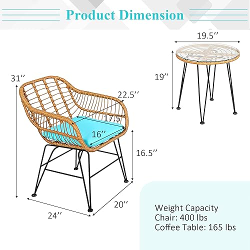 Miniatura 6 de KOTEK Juego de 3 piezas de patio bistró, juego de conversación de ratán para exteriores con mesa de centro de cristal y cojines de asiento, juego de