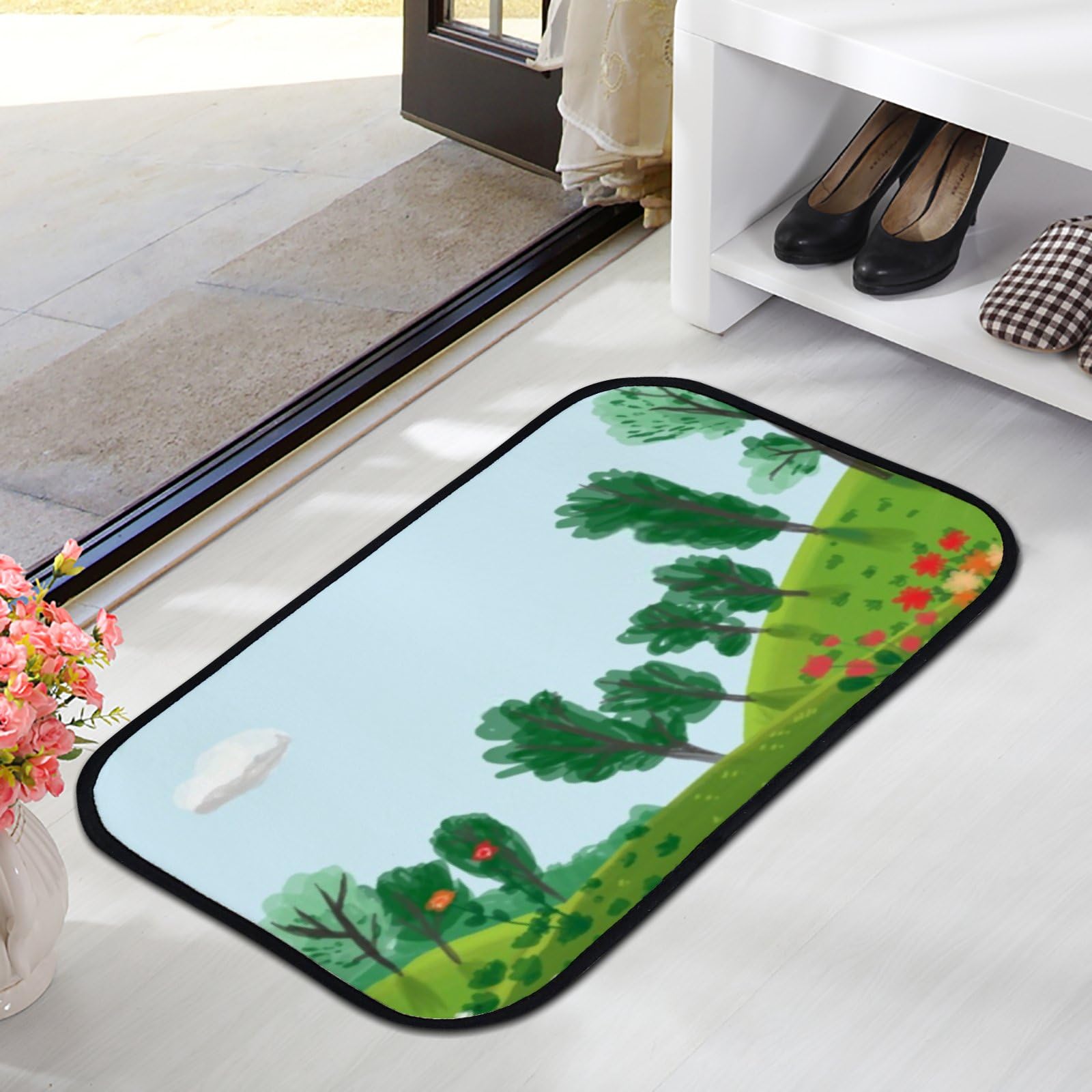 Nuansexi Bathroom Rugs Beautiful Landscape Green Floor Mats Non Slip Bathmat Doormat Tub Mat Coral Velvet Absorbent Entrance Carpet Mats Machine Washable Bedroom Decor