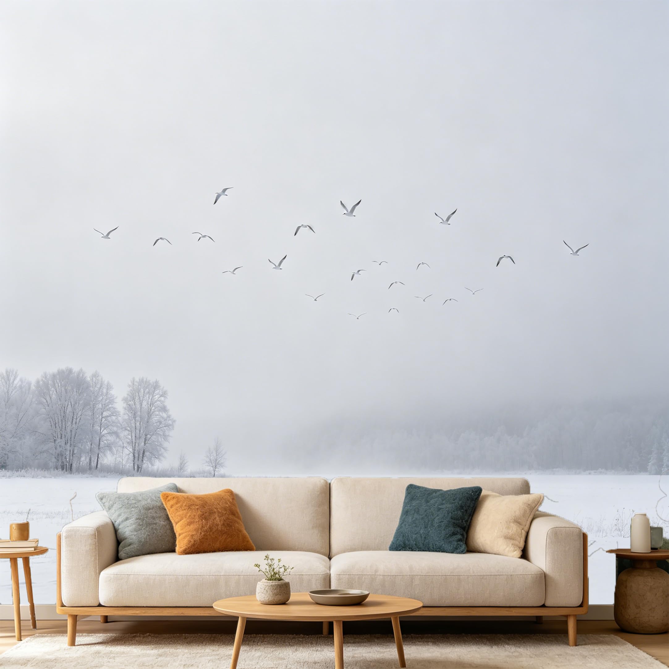 Custom Size Wall Mural Minimalist Snowy Landscape Winter Forest Birds SelfAdhesive Art Prints wall Fabric（No PVC） Removable Wallpaper Home Bedroom Decor
