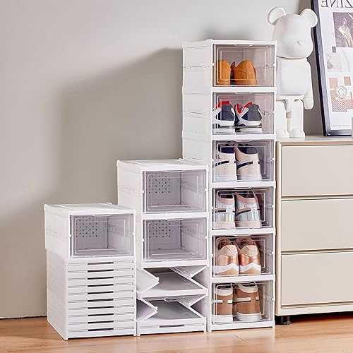 Organizador de zapatos plegable, sin caja de montaje, almacenamiento de zapatos cubierto con puertas, caja de zapatos de pie para ahorrar espacio,