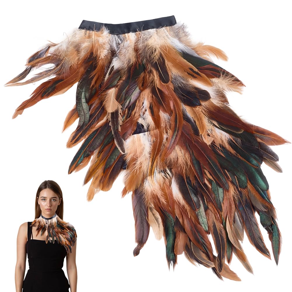 GORGECRAFT Gothic Feather Cape Shawl Feather Capelet Witch Wings Collar Natural Feathers Cape Shrug Halloween Raven Costume Peacock Adult Costumes for Women Men Cosplay Easter New Years Eve, Goldenrod
