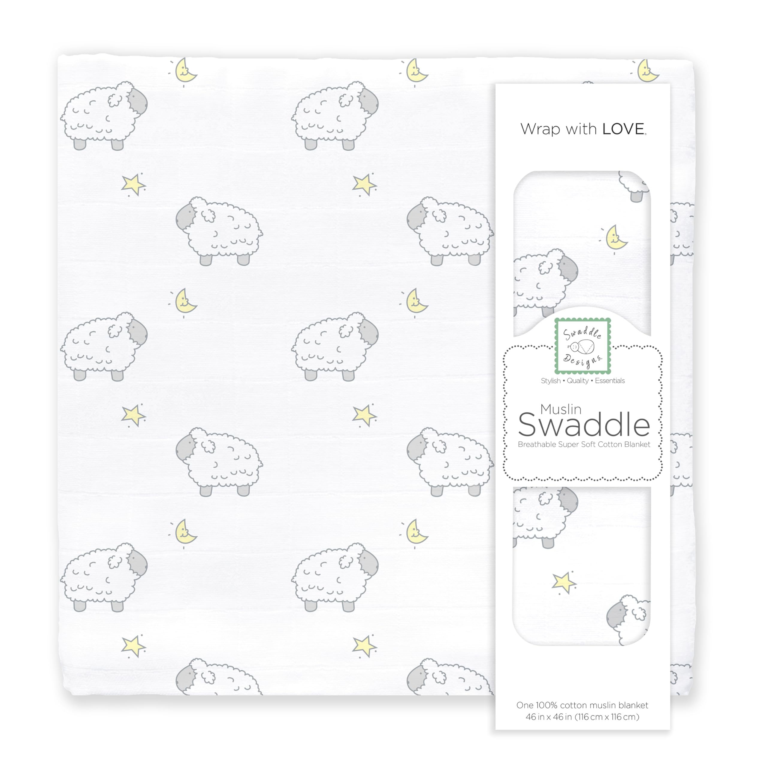 SwaddleDesigns Cotton Muslin Swaddle Blanket, Receiving Blanket for Boys & Girls, Best Shower Gift, 46x46 inches, Little Lambs, Sterling