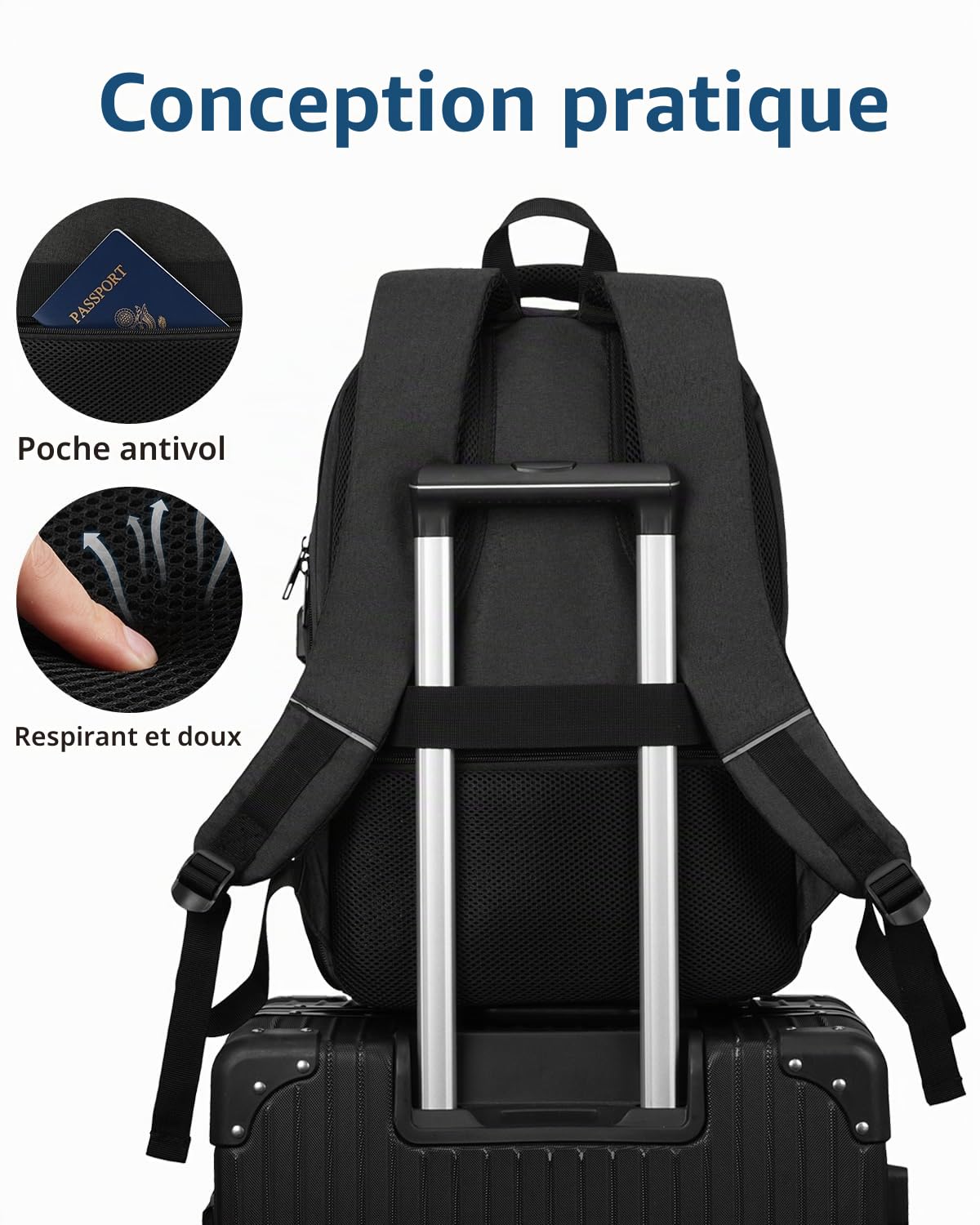 Sac à Dos Ordinateur Portable 15.6 Pouces Femme Homme Fonctionnel,Sac École Garçon PC Portable avec USB Charging Port Imperméable Antivol pour Collège Affaire Scolaire Lycée Business Travail,Noir