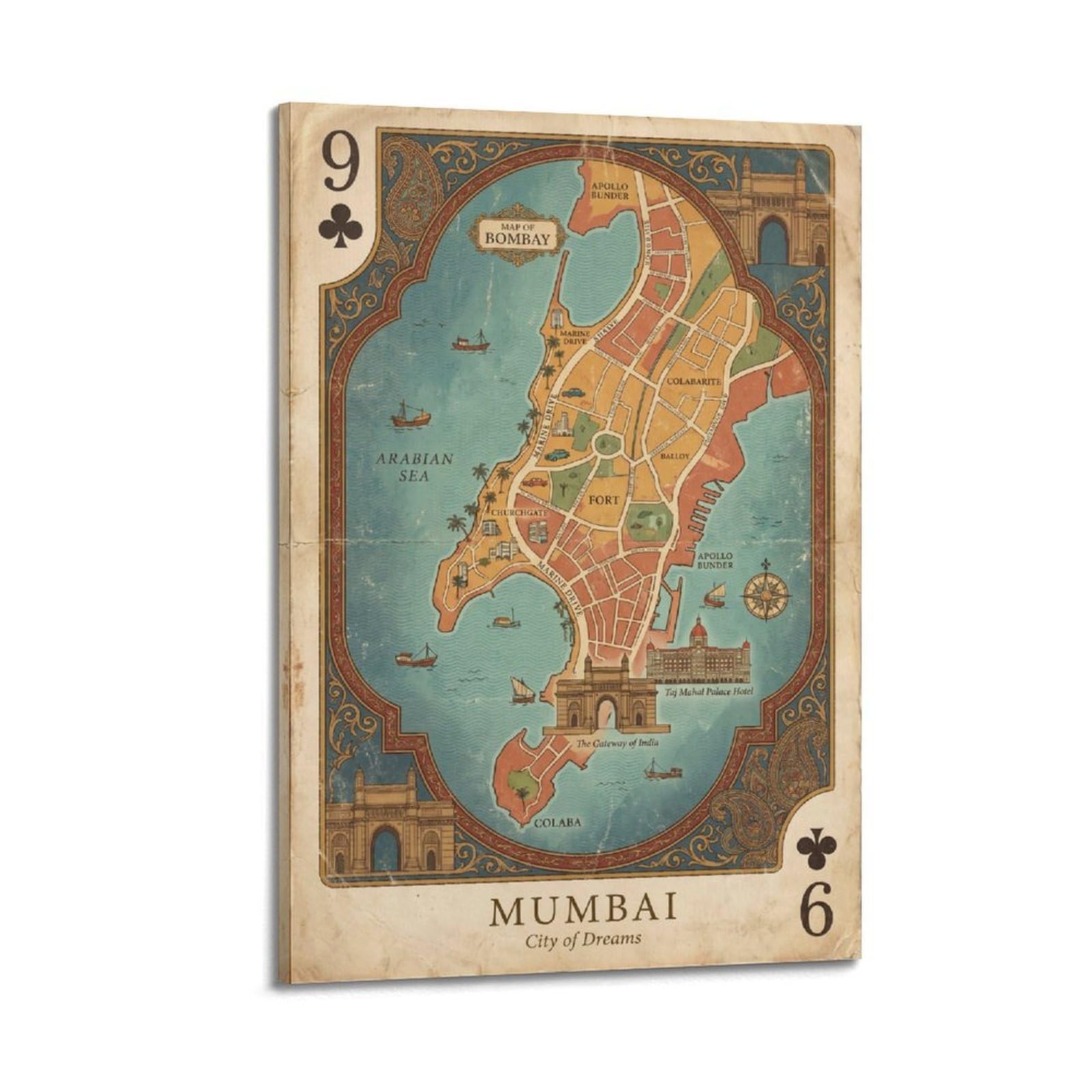 OKNGB Vintage City Map Poster Mumbai India Harbour Playing Card Style Decorative Painting Canvas Art Picture 24x36inch(60x90cm)