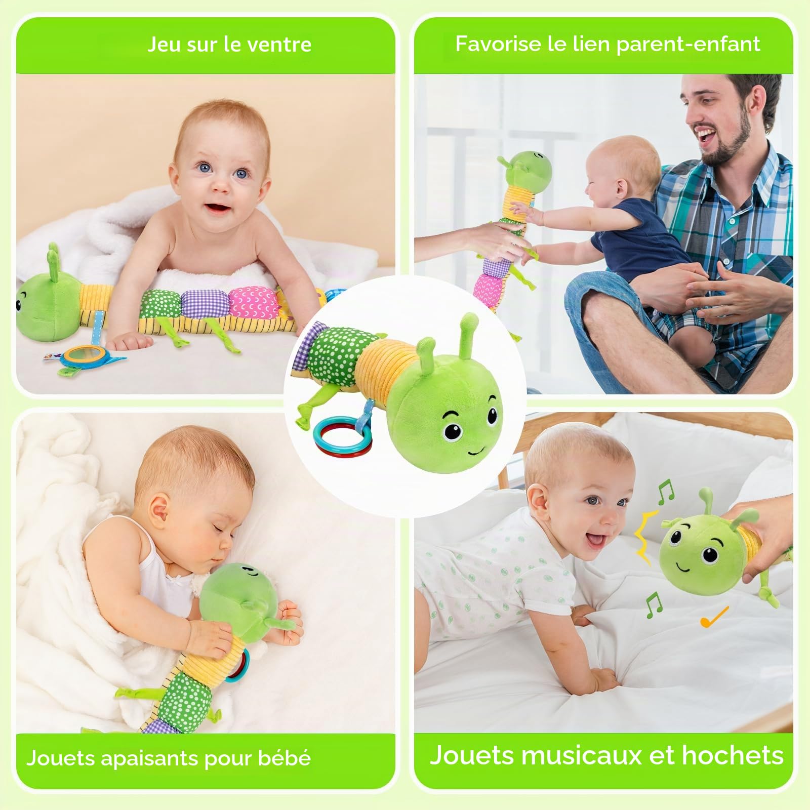 Accevo Jouet sensoriel pour bébé de 0 à 6 mois - Jouet en peluche - Chenille - Jouet pour tout-petit de 0 à 3 à 6 mois - Avec miroir pour bébé - Hochet froissé - 6-12 mois - Cadeau de Pâques