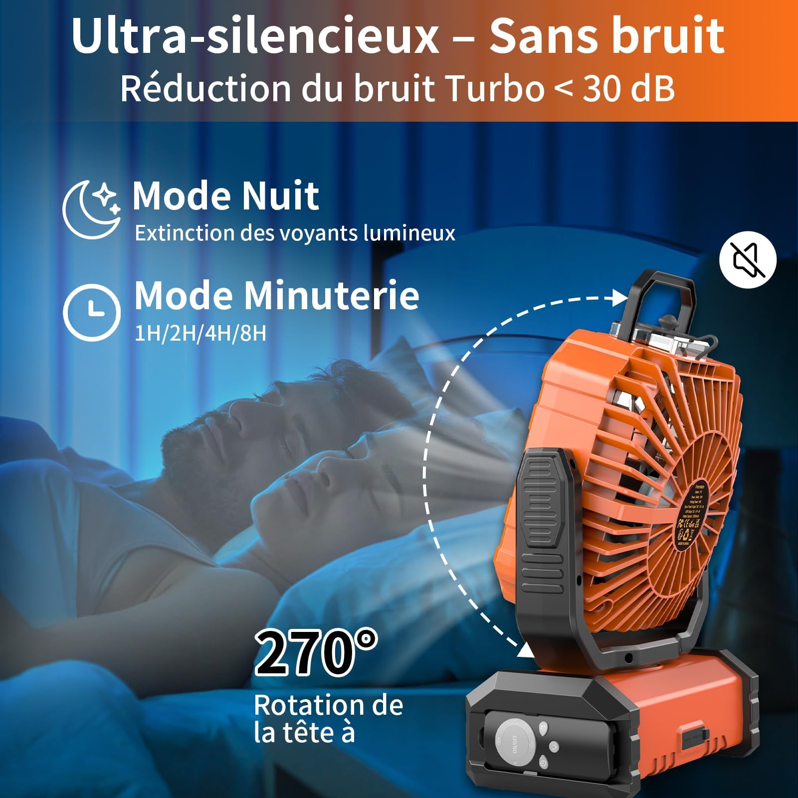 Ventilateur Camping Silencieux avec Lumière, Ventilateur Sans Fil Portable, Mist Fan Batterie Rechargeable 20000mAh avec Rotation et Minuterie, Crochet de Suspension pour Car Extérieur Bureau - Orange | Mist Fan Batterie Rechargeable 20003mAh avec Rotatio