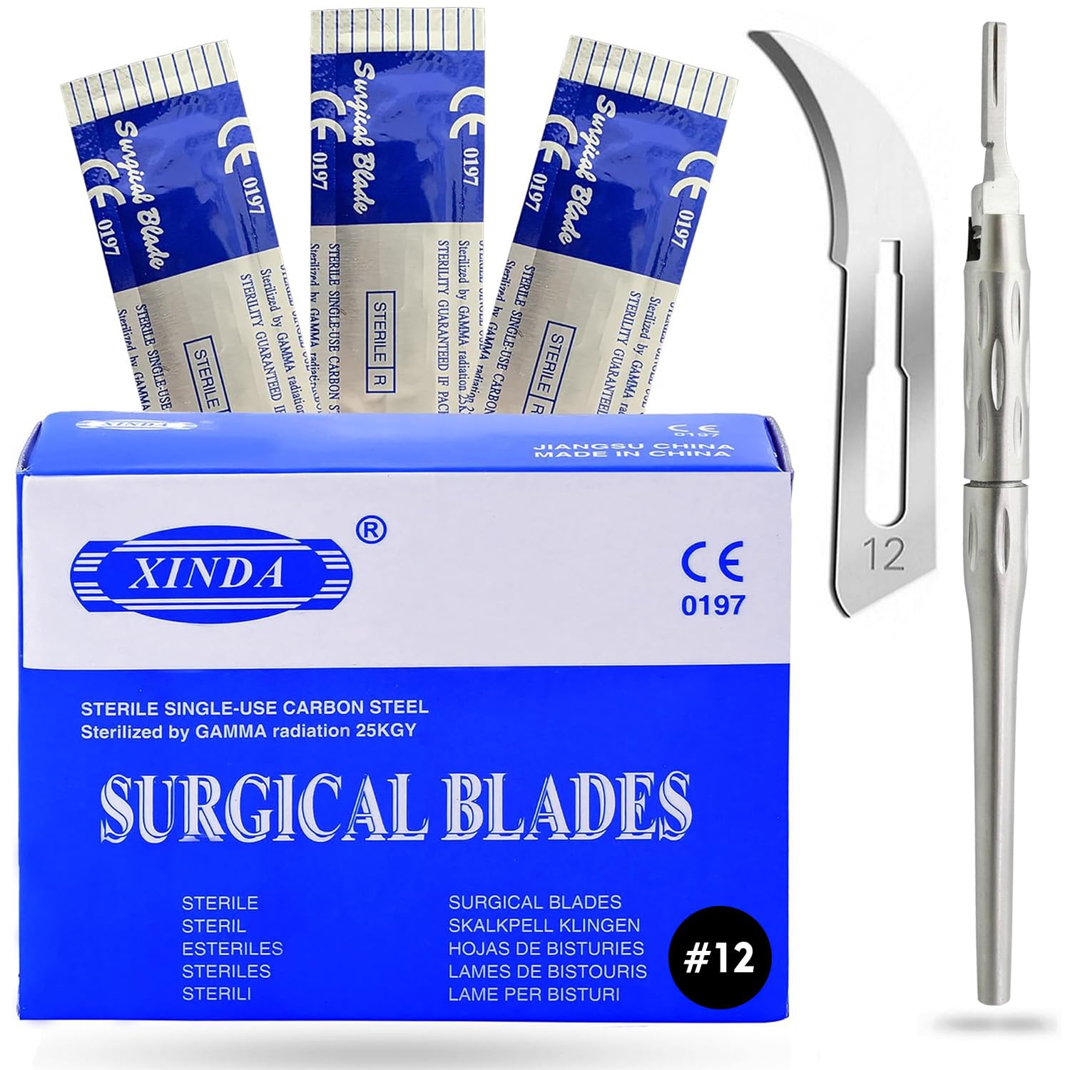 100 Blades #12 Scalpel Blades for Knife Scalpel High Carbon Steel Dermablade Blades Individually Wrapped Sterile + 1 Adjustable Scalpel Handle #3 with 180° Rotation Blade Holder for Precise Cutting