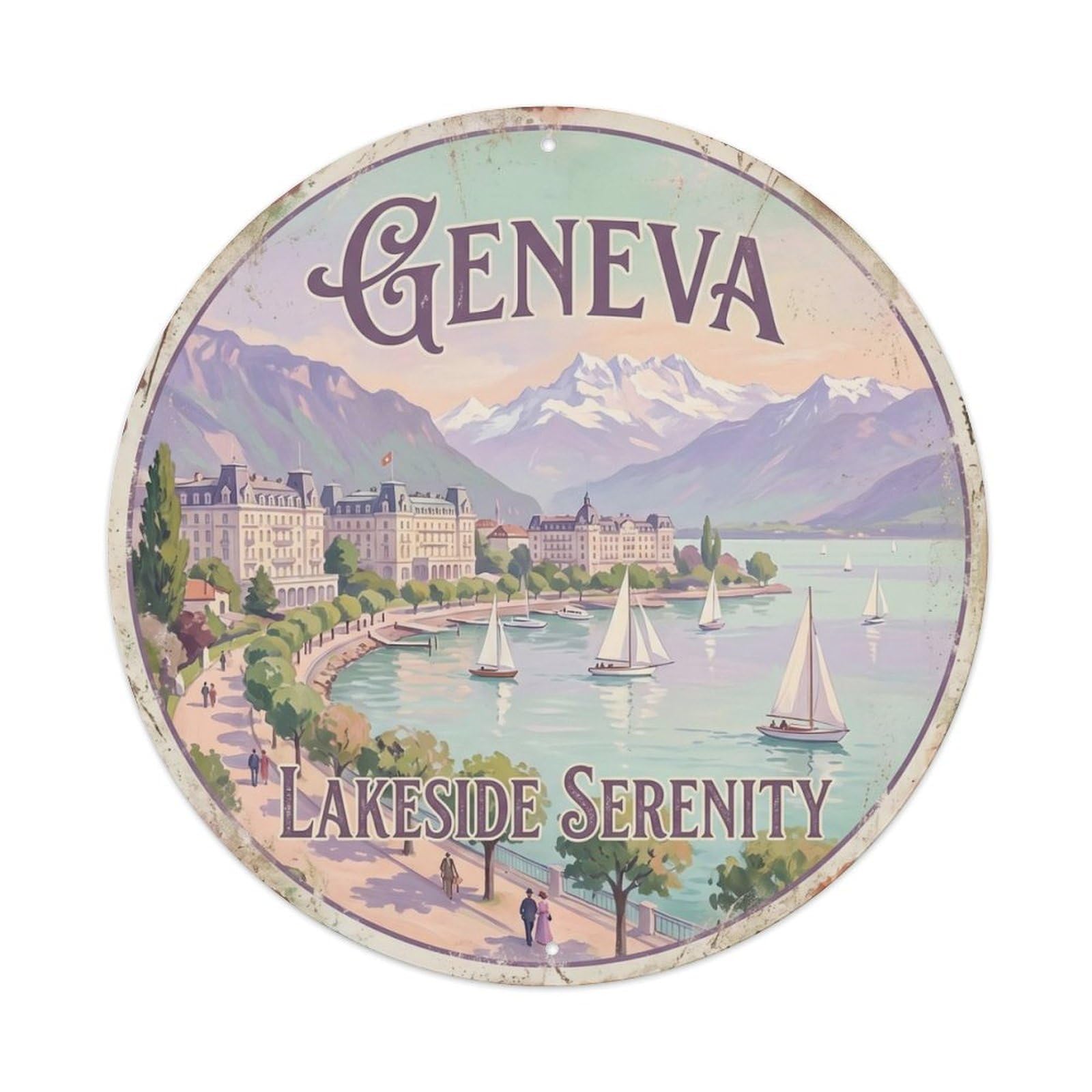 Vintage Travel Geneva Lakeside Serenity Metal Tin Sign Plaque Wall Decor for Cafe, Club Bar, Office, Home Garden Round Metal Poster 8x8Inch