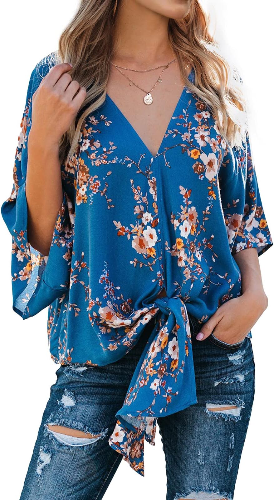 Womens Floral Tie Front Chiffon Blouses V Neck Batwing Short Sleeve Summer Tops Shirts Blue