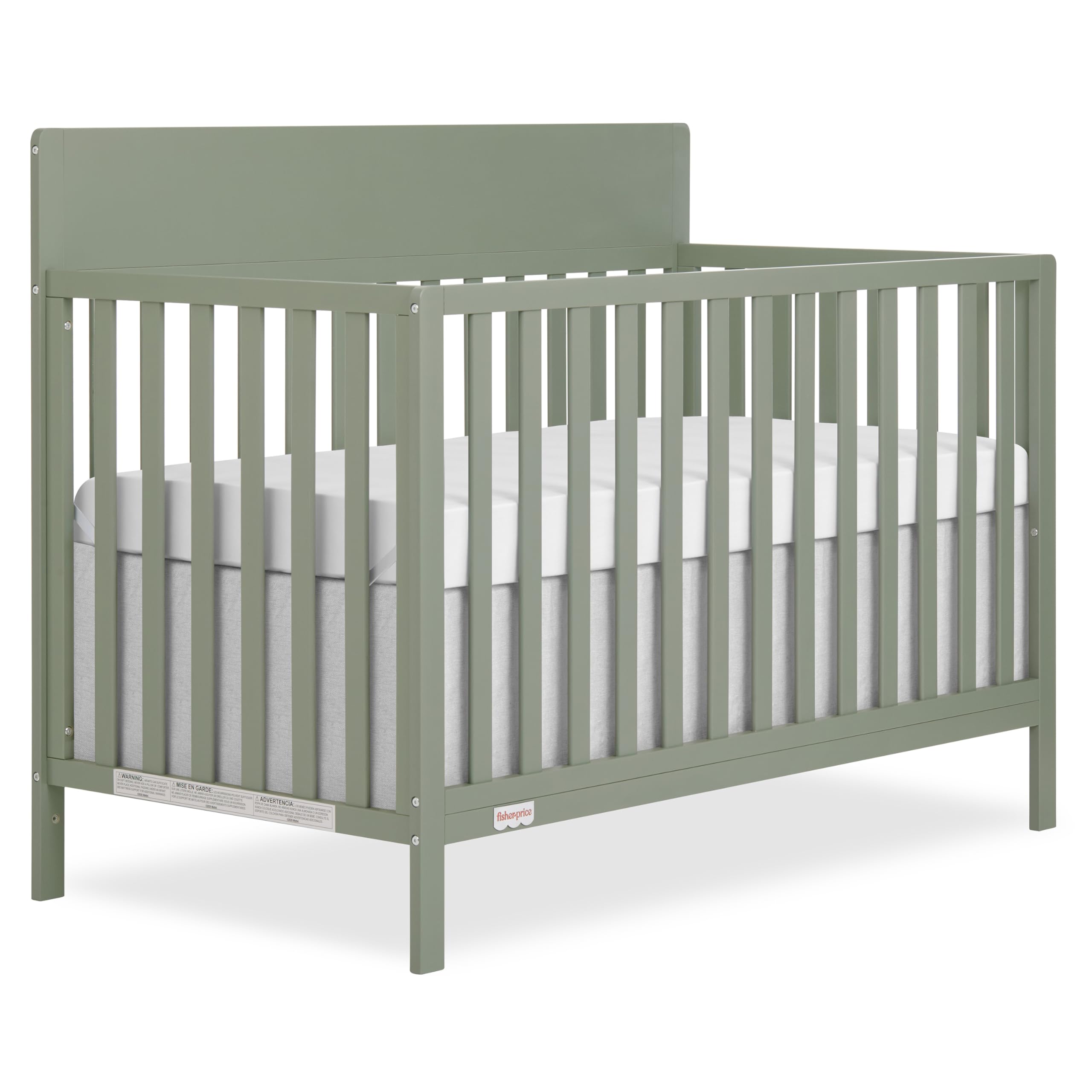 Fisher-Price Meadowbrook 4-in-1 Convertible Full Size Baby Crib, Wooden Nursery Furniture, Converts to Toddler Bed with Guardrail, Daybed &amp; Full-Size Bed, Greenguard Gold &amp; BSA Certified, Meadow Green