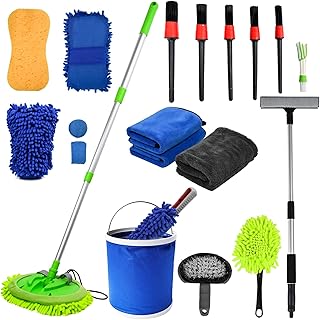20Pcs Car Interior Detailing Brush Kit, Car Wash Cleaning Kit with Long Handle Brush Mop, Wash Towels, Wash Mitt, Wash Sponge, Wash Bucket for Car Wash Detailing Cleaning