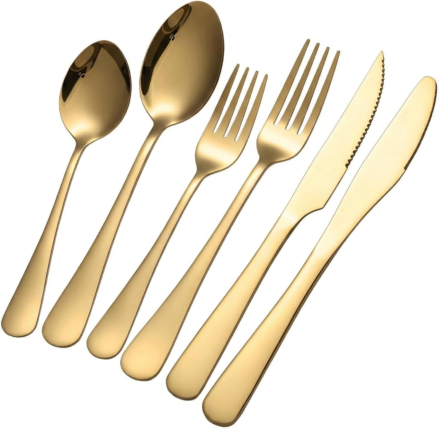 GPY Gold Silverware Set with Steak Knives, 24-Piece Stainless Steel Flatware Set Service for 4, Titanium Plated Gold Cutlery with Mirror Finish, Dishwasher Safe for Wedding, Party & Gift