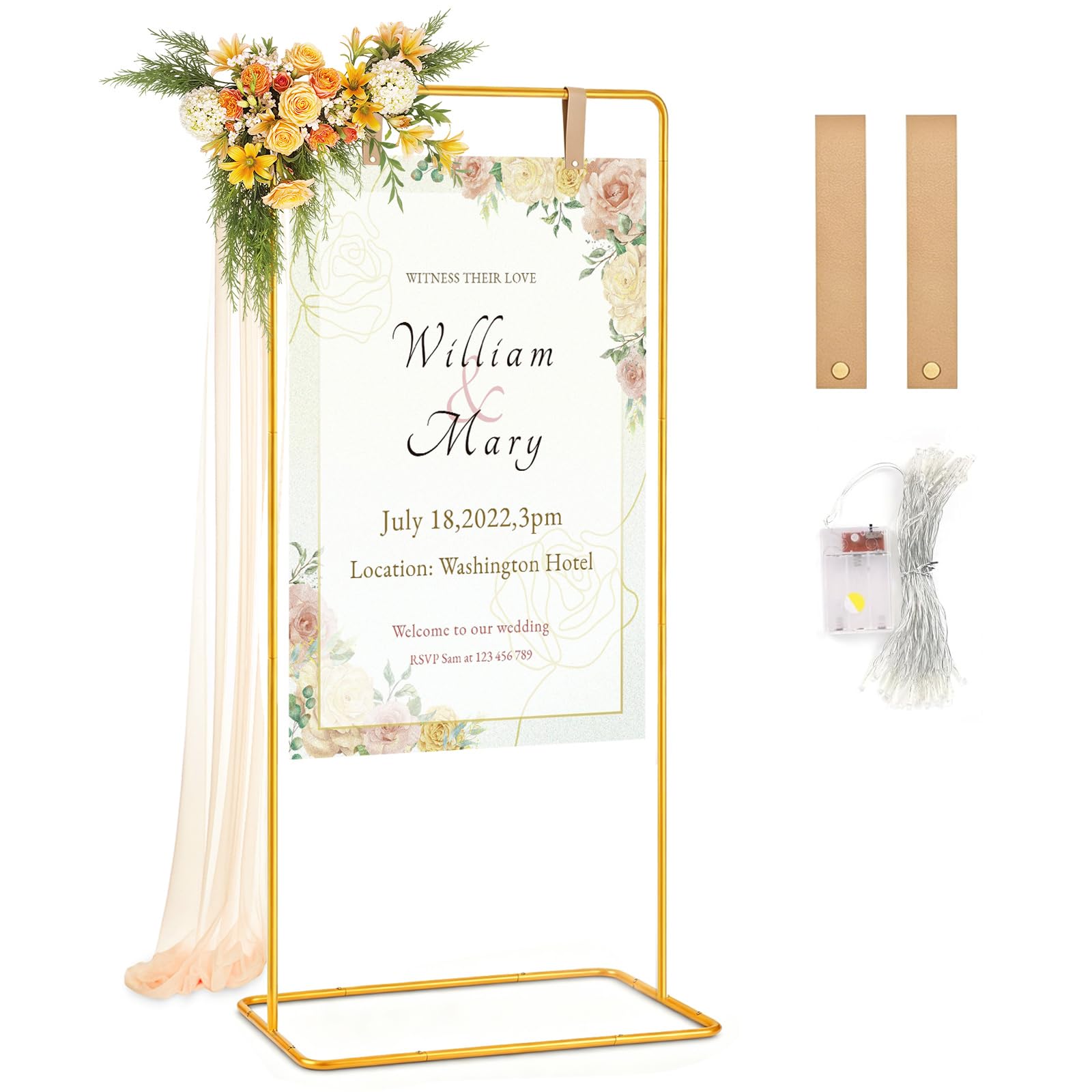 Willkommensschild Ständer Hochzeit 175x80x50cm Gold Metall Verstellbarer Posterhalter mit Lichterkette