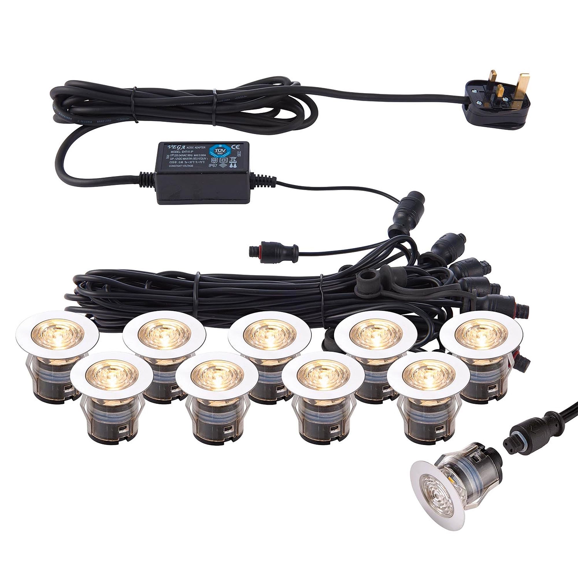 National Lighting Warm White Ikon Pro Pack Of 10 Colour Changing (Cct) Warm & Cool White Led 35Mm Round Stainless Steel Outdoor Garden Decking Pathway Kitchen Plinth Lights Kit - Ip67