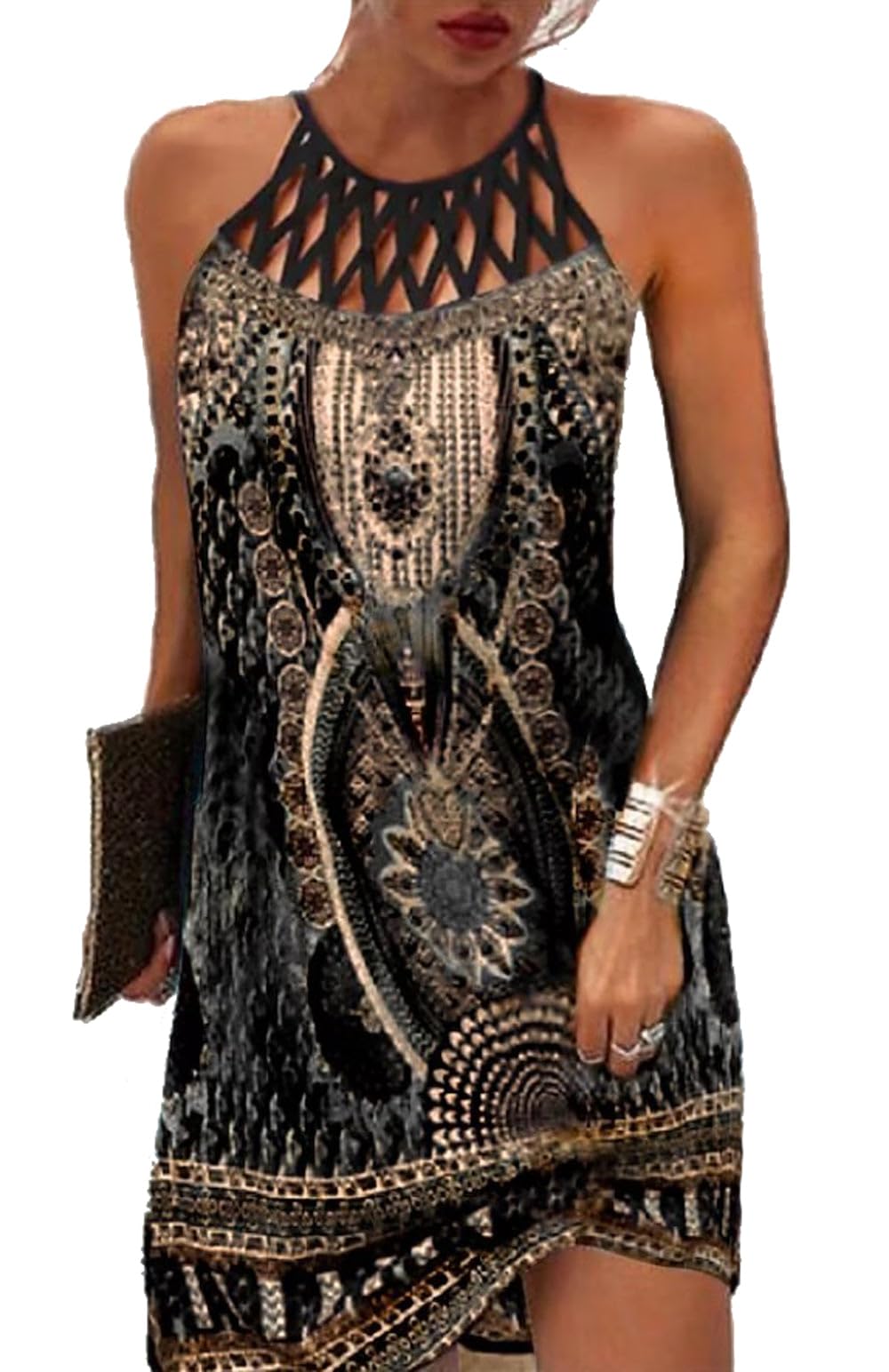 LOVESHOOT Summer Dresses for Women 2026 Casual Floral Hollow Out Halter Neck A-line Sundress for Beach Vacation with Pockets