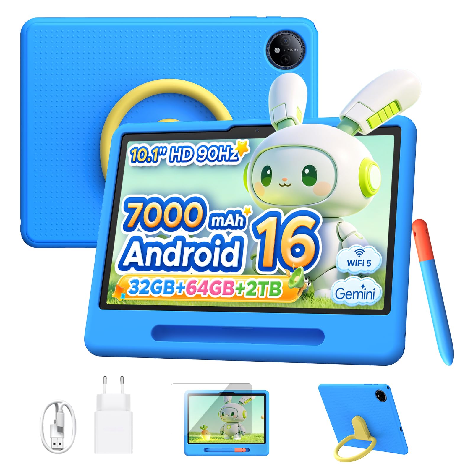 P10 Kid Tablet con Penna Custodia in Silicone, Blu | Tablet 10 Pollici con 32GB RAM+64GB ROM Tablet per Bambini, 90Hz Tablet Android 16 & Gemini AI, 7000mAhT310/5G WiFi/8MP+5MP