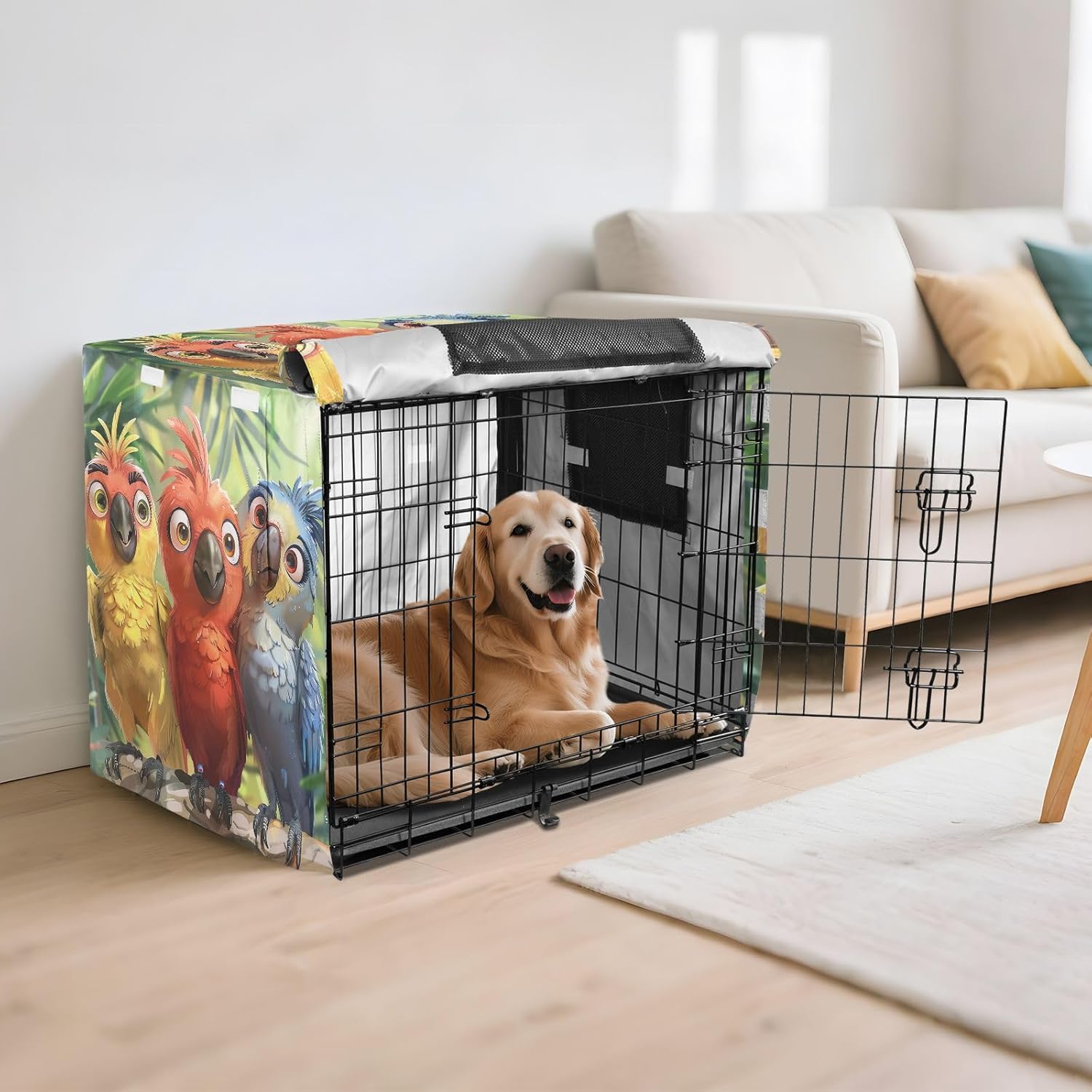 Cute Cartoon Parrots Painting Pet Cage Cover with Mesh Windows, Breathable Crate Cover, X-Large