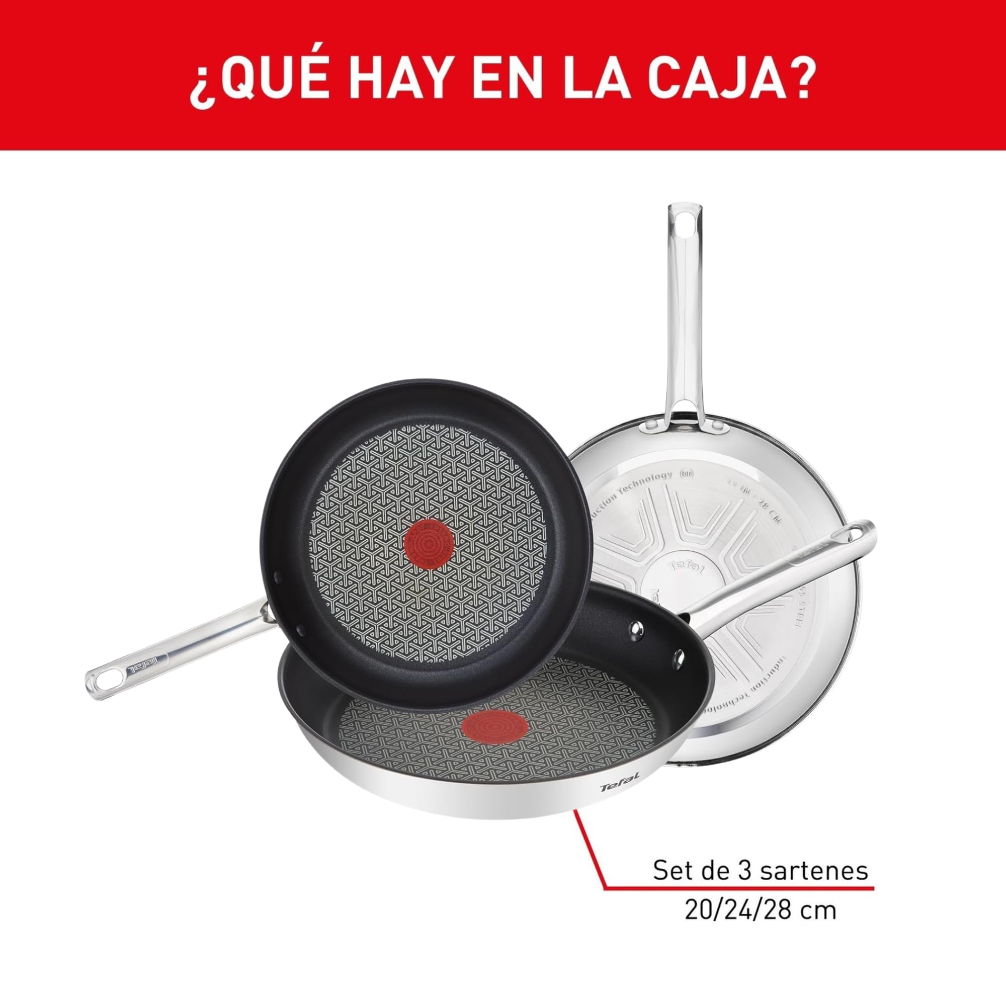 Tefal Tefal Duetto - Juego de Sartenes de 20/24/28 cm, Apto inducción, antiadherente, revestimiento titanio, Thermo-signal, apto lavavajillas y horno, acero inoxidable in use