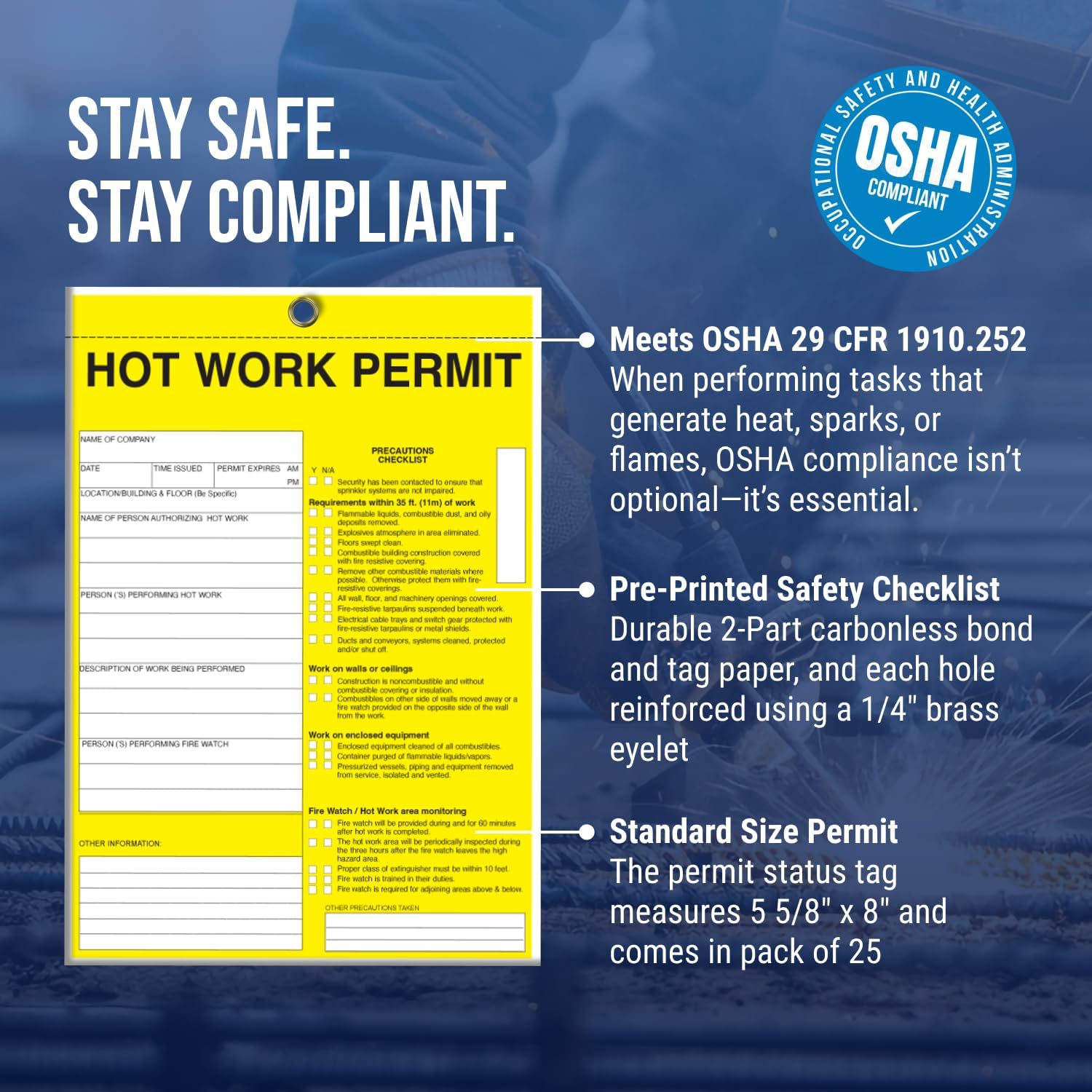 Tags 4 Less Hotwork Permit Maintenance Tags – Hotwork Permits with 2-Part Carbonless Bond Paper for Easy Record Transfers, Standard 5 5/8" x 8" Safety Checklist with Reinforced Hole (Pack of 25)