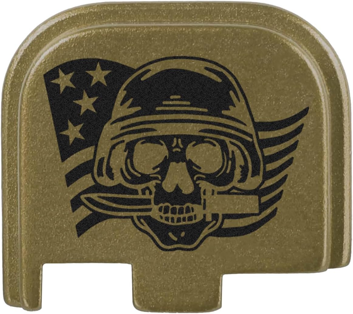 NDZ Performance Slide Cover Back Plate for Glock 43 43X 48 & PSA Dagger Micro – Aluminum Upgrade with Black Engraving – Skull Helmet Knife Flag – Olive Drab Green