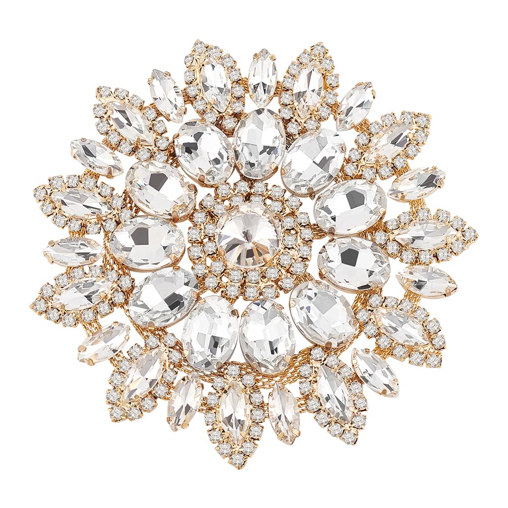 FINGERINSPIRE Golden Round Rhinestone Applique 4 Inch Crystal Patch Rhinestone Appliques with Metal Chain Back for Wedding Bridal Brooches Scarf