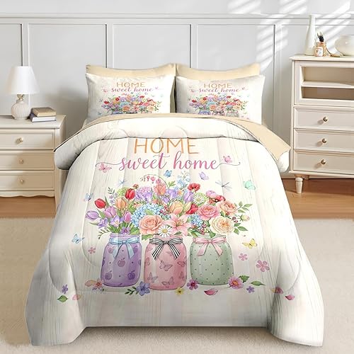 Miniatura 3 de Nesker Juego de edredón de primavera de 7 piezas, tamaño King, juego de ropa de cama de mariposas florales para niños y adultos, juegos de sábanas