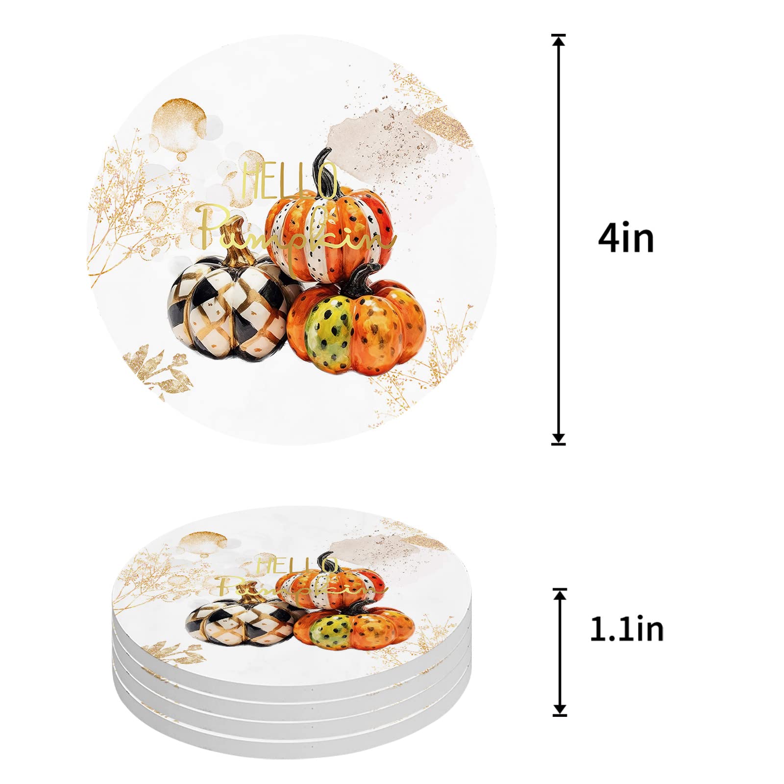 Set Of 6 Fall Pumpkin Coasters | Absorbent Ceramic Stone Drink Coasters With Cork Bottom & Metal Holder | Vintage Autumn Decor, Housewarming Gift