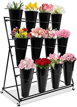 Flower Display Stand with 12 Buckets, 3 Tiers Metal Mobile Florist Bouquet Stand Flower Cart with 4 Wheels for Indoor Outdoor Patio Garden, Living Room, Florist