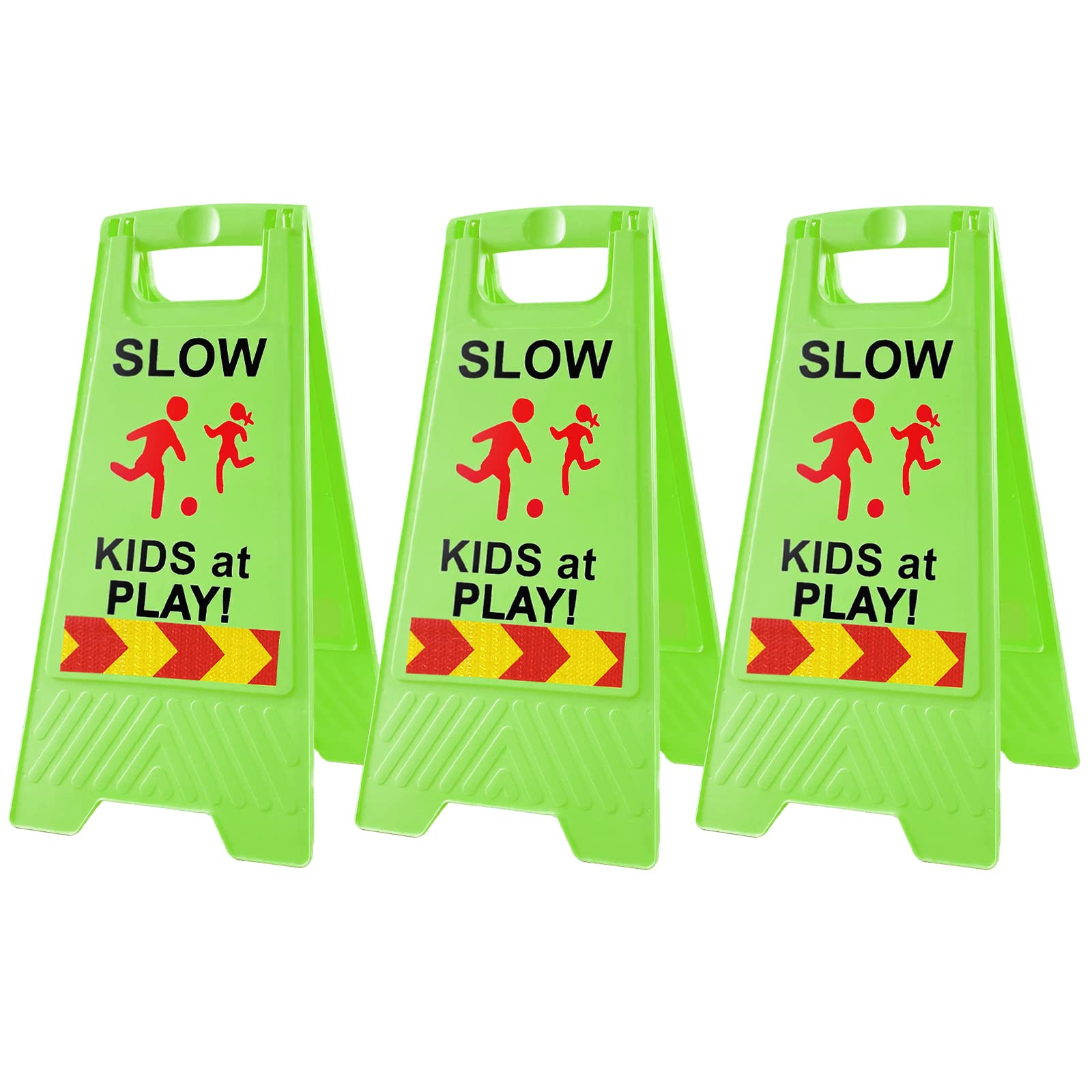 Letreros Slow Kids at Play para calle, texto y gráficos de doble cara con cinta reflectante, señal de seguridad para niños en el juego, para vecindarios, escuelas, parque, acera (3 unidades, verde)