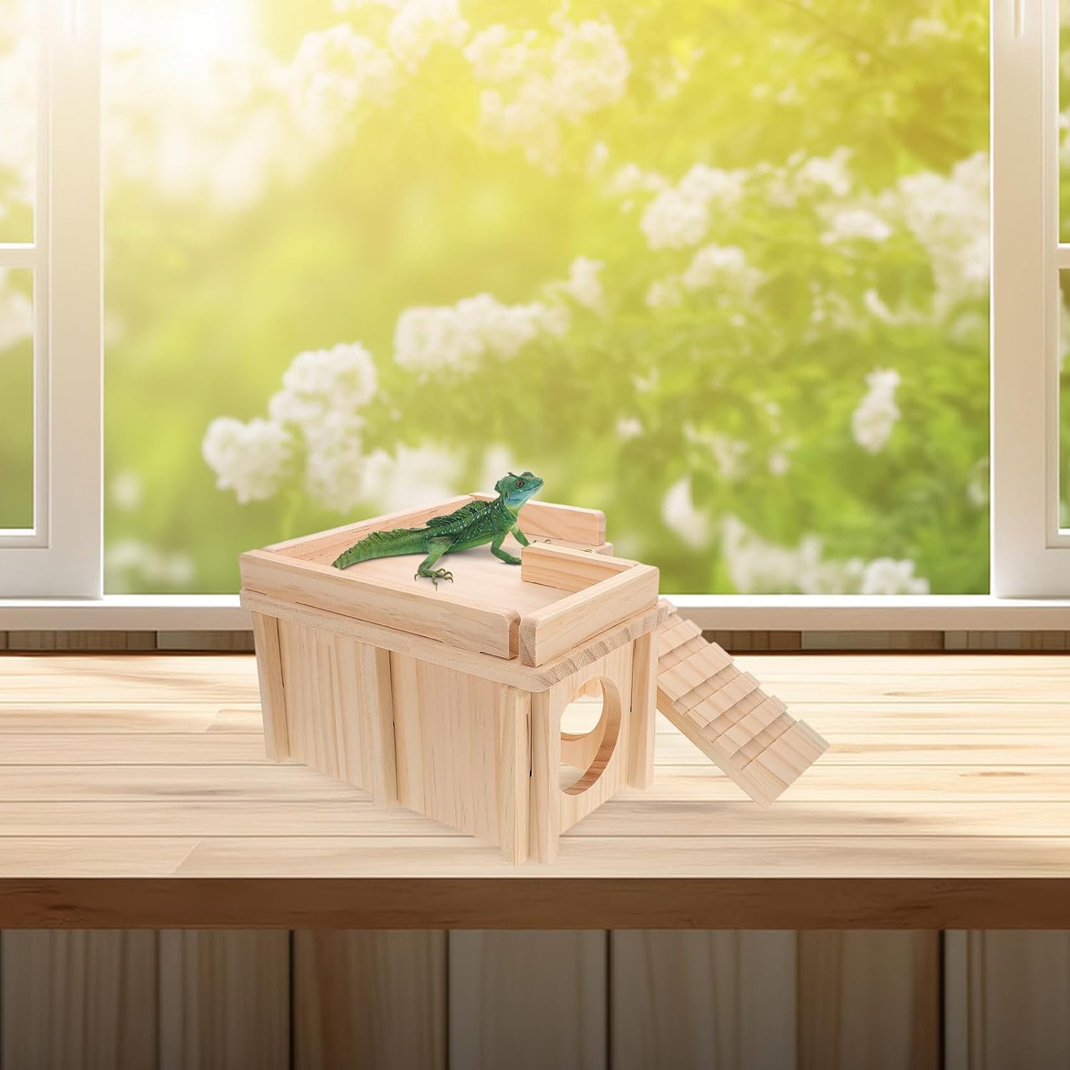 Gadpiparty Large Wooden Reptile Hideout with Bearded Dragon Climbing Ramp and Basking Platform, Amphibian Habitat Shelter for Lizard Tank Accessories
