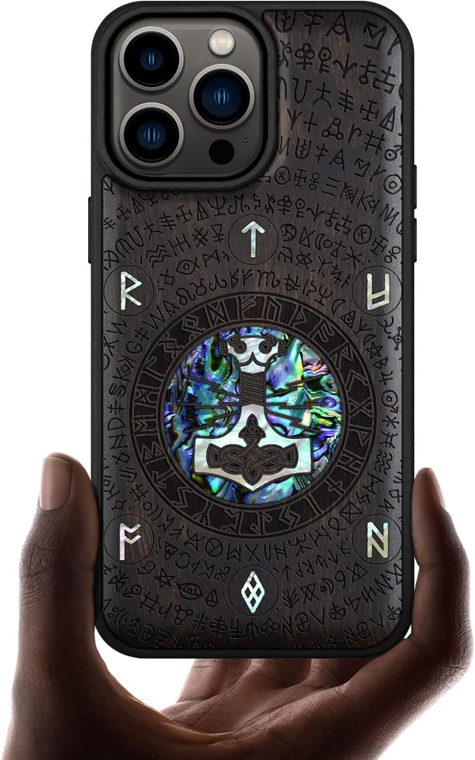 Carveit Designer Wooden Protective Magnetic Case for iPhone 14 Pro Max Case [Wood Engraving & Shell Inlay] Wood Phone Cover Compatible with 14 Pro Max MagSafe (Thors Hammer-Walnut)