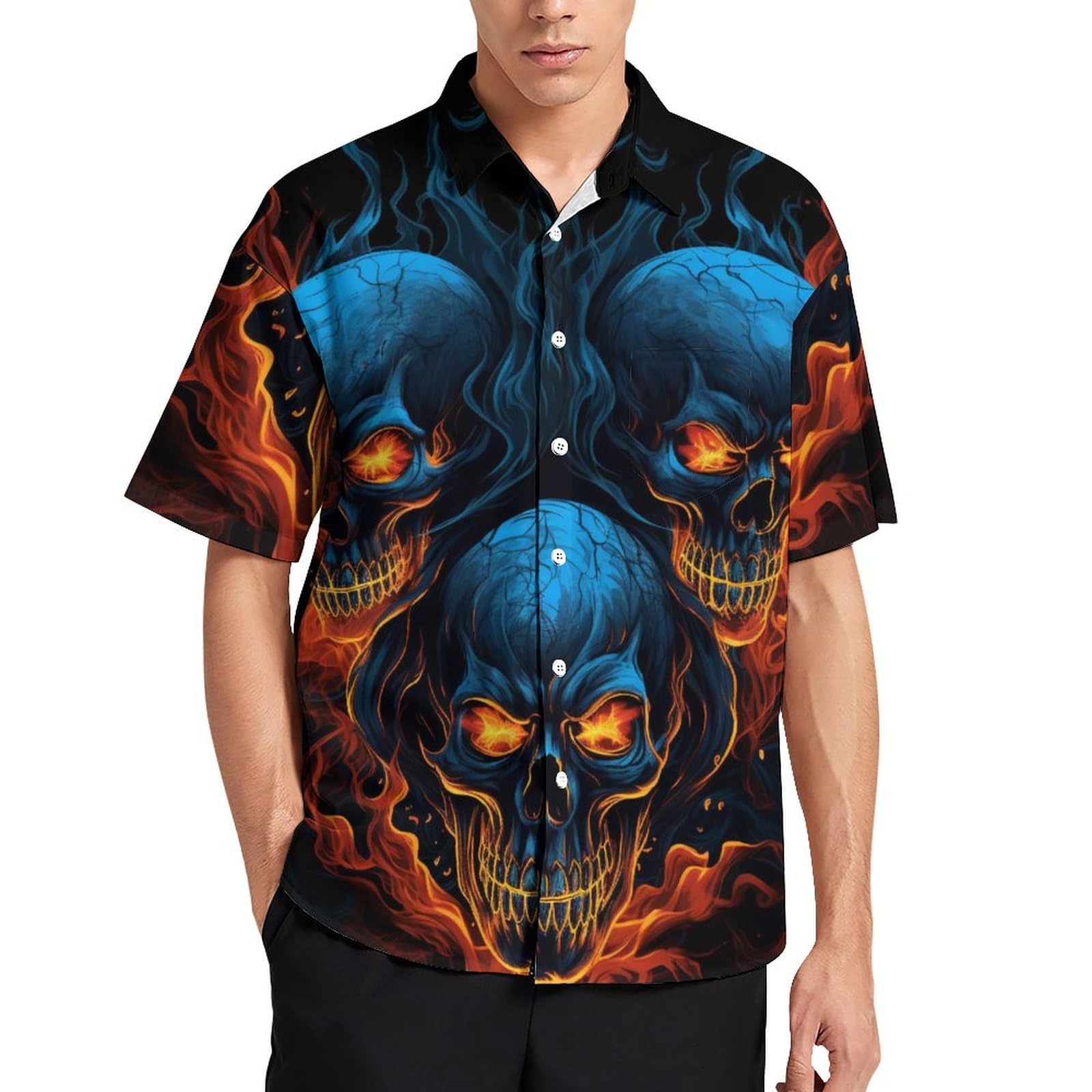 Hehanus Men's Blue3 Skull Hawaiian Shirts Flame Skull Print Shirt Button Down Short Sleeve Beach Shirt, Xxxxl