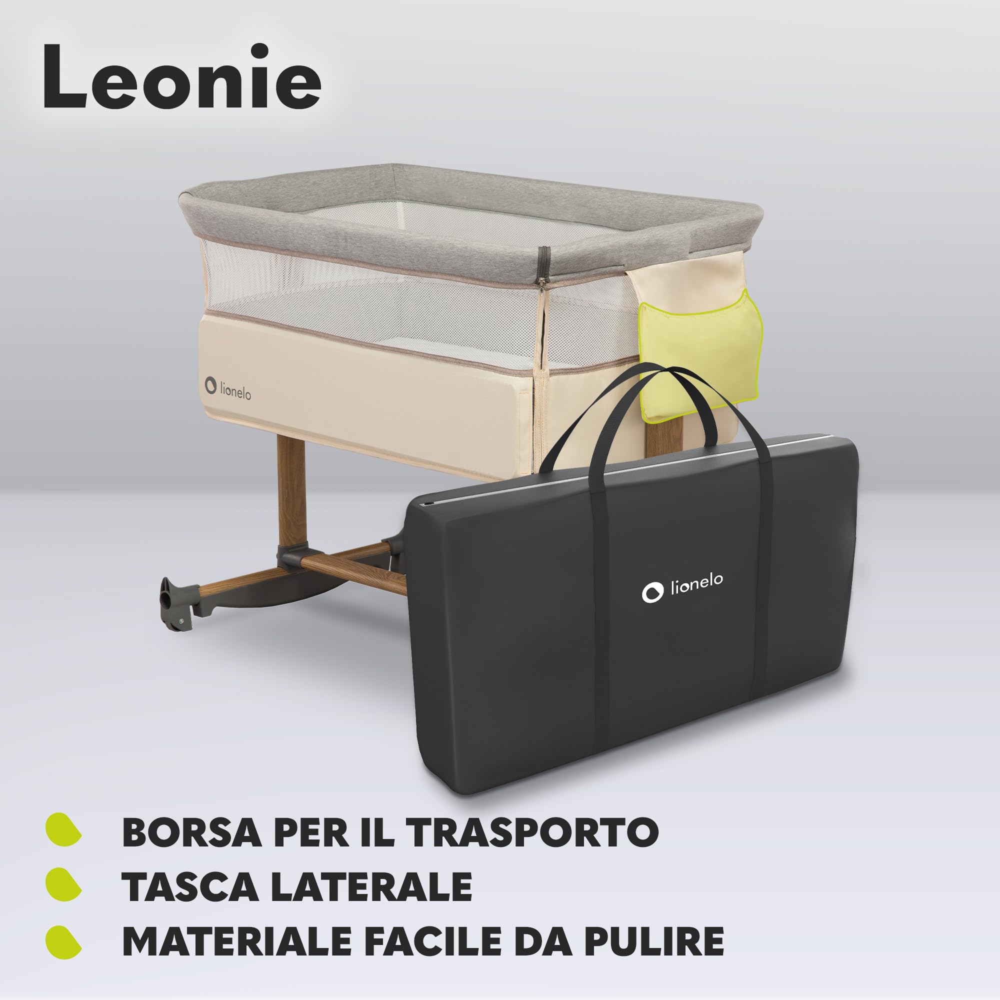 lionelo LEONIE culla e lettino da affiancare per neonato con materasso e funzione dondolo Regolazione in altezza a 5 livelli Opzione d’inclinazione Arioso co-sleeping portatile culla 2 ruote (Beige)
