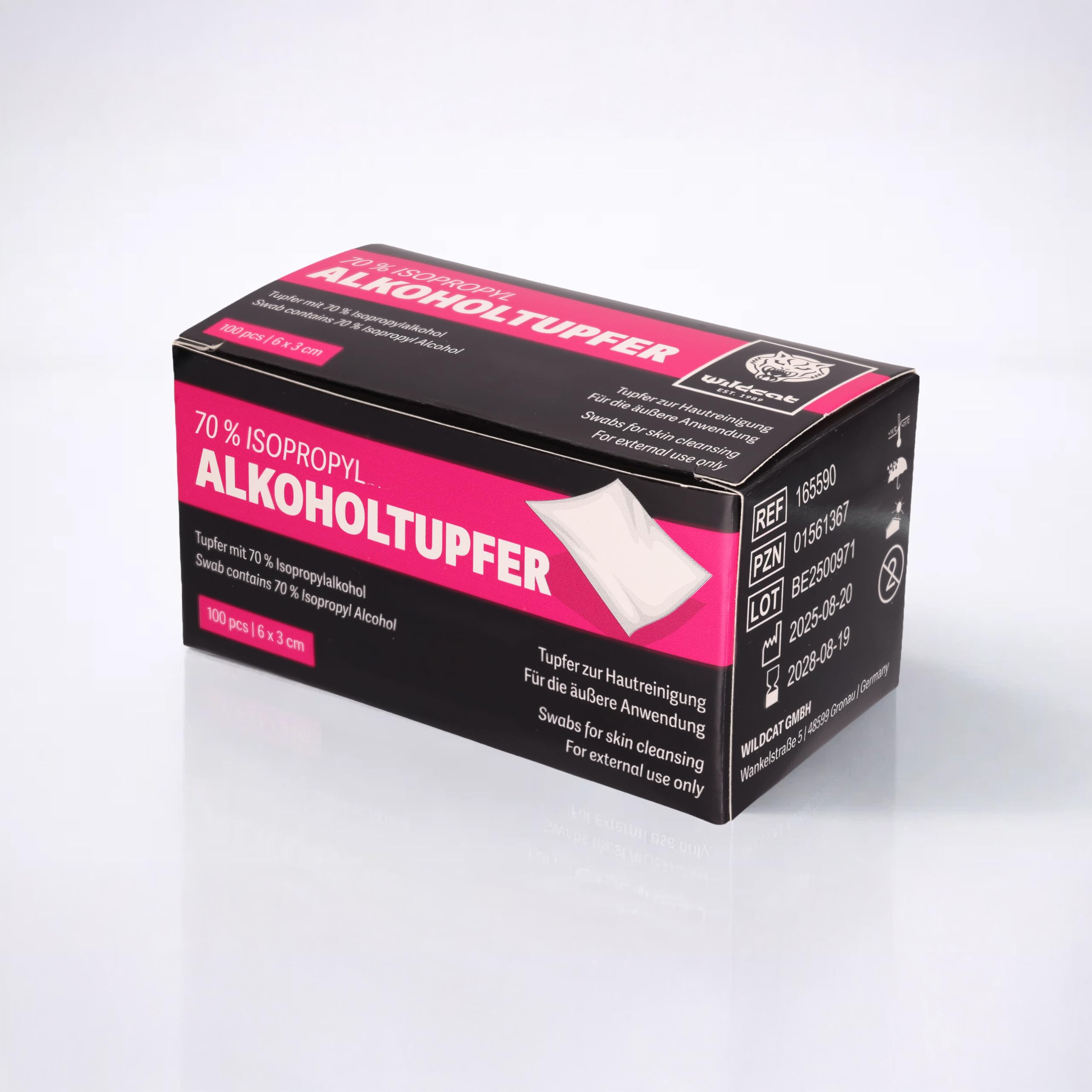 Wildcat Alkoholtupfer 2er Set - Desinfektionstücher im Doppelpack zur Reinigung von Schmuck und Piercings - Reinigungstücher 6x3cm (2x 100 Stück), einzeln verpackt