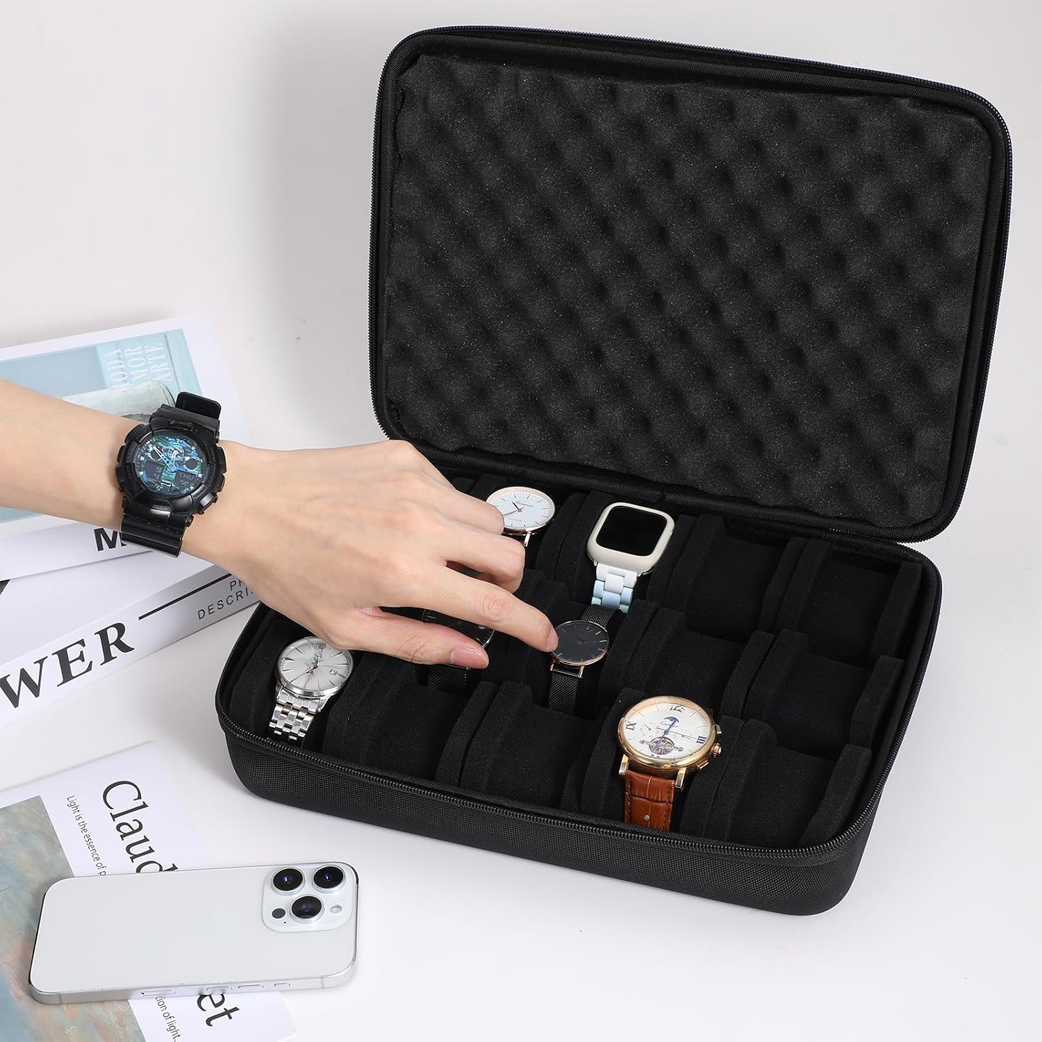 1 Pc Watch storage case for 15 watches, men's hard watch box safe travel case with soft protective pillow,fit most watches up to 40mm face