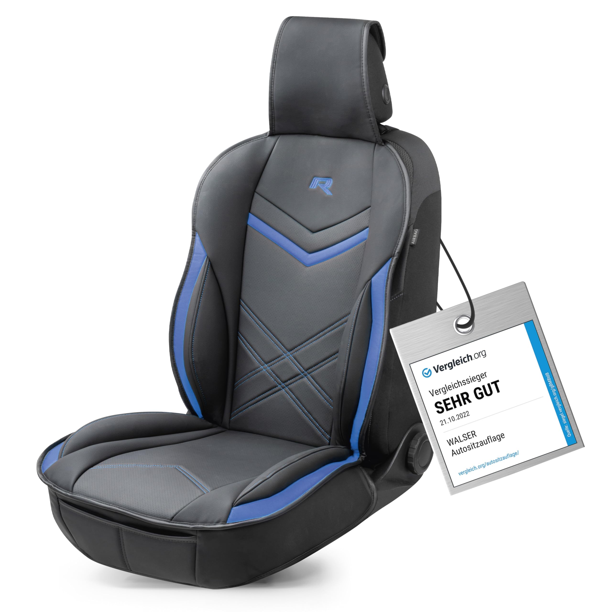 WALSER Sitzauflage Auto Rey, Sitzschoner Auto schwarz/blau, Universal Auto Sitzauflagen, Autositzauflage Vordersitze, Sitzbezug Auto Vordersitze, Sitzkissen Auto Sportlook, Sitzbezüge Auto für PKW/LKW