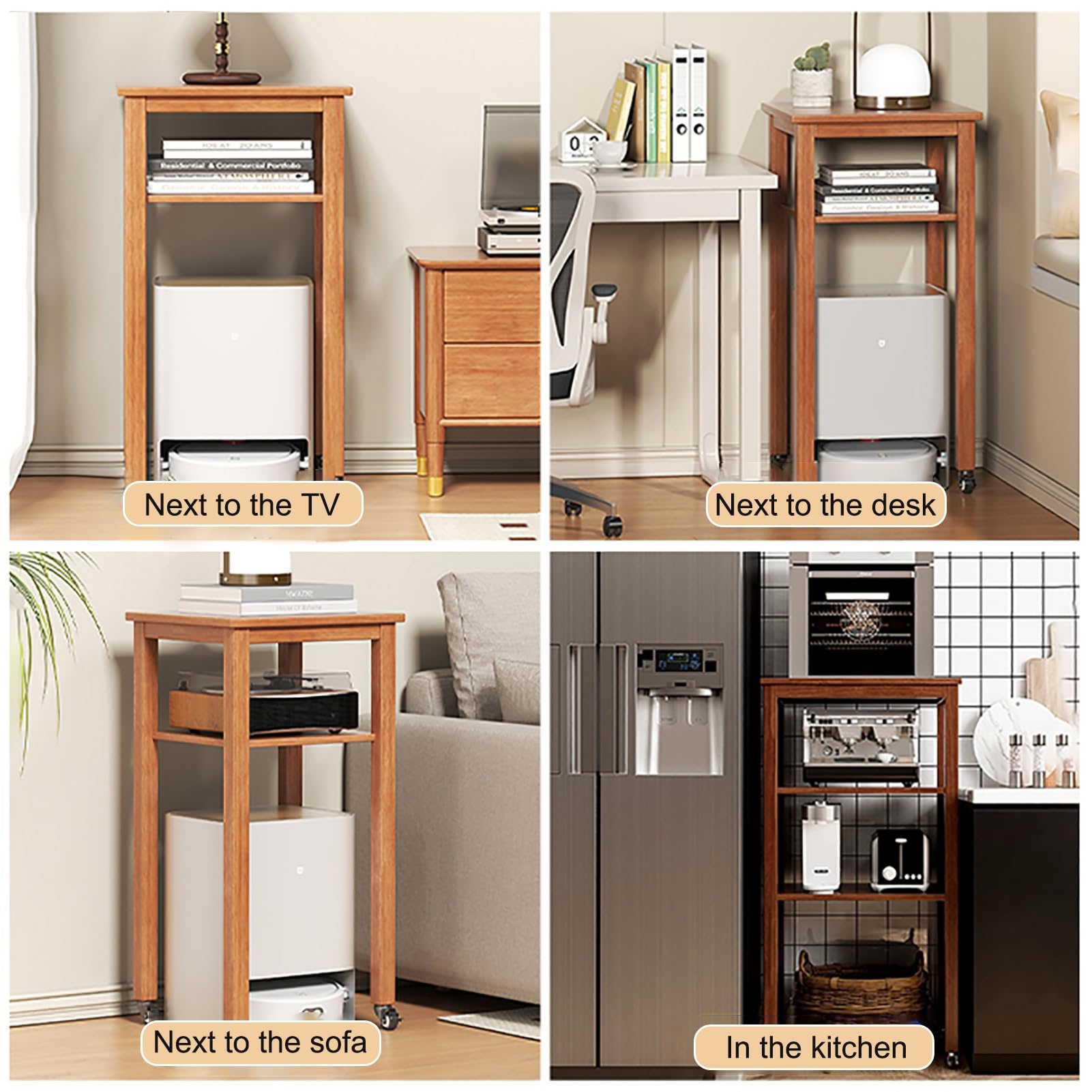 Roboter-Staubsauger-Unterschrank, mobiler Staubsauger-Unterschrank mit Rollen, stehendes Holzregal, Beistelltisch für Wohnzimmer, Küche, Büro, einfacher Wasserwechsel (Holz, 55 cm/22 Zoll)