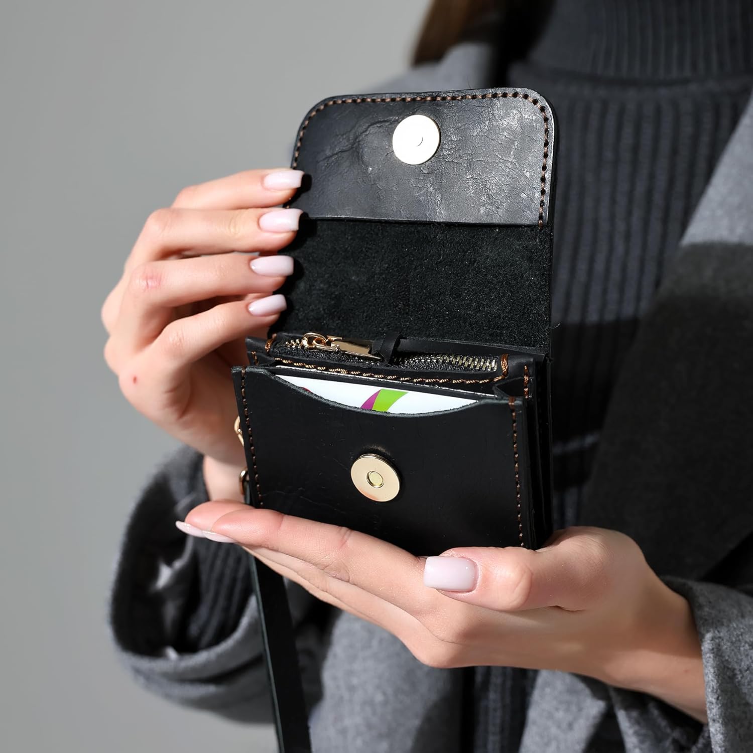 Genuine Leather Handmade Wallet for Women Cute Handstitched Zipper Coin Purse Money Credit Card Holder Wristlet Mini Pouch - Image 7