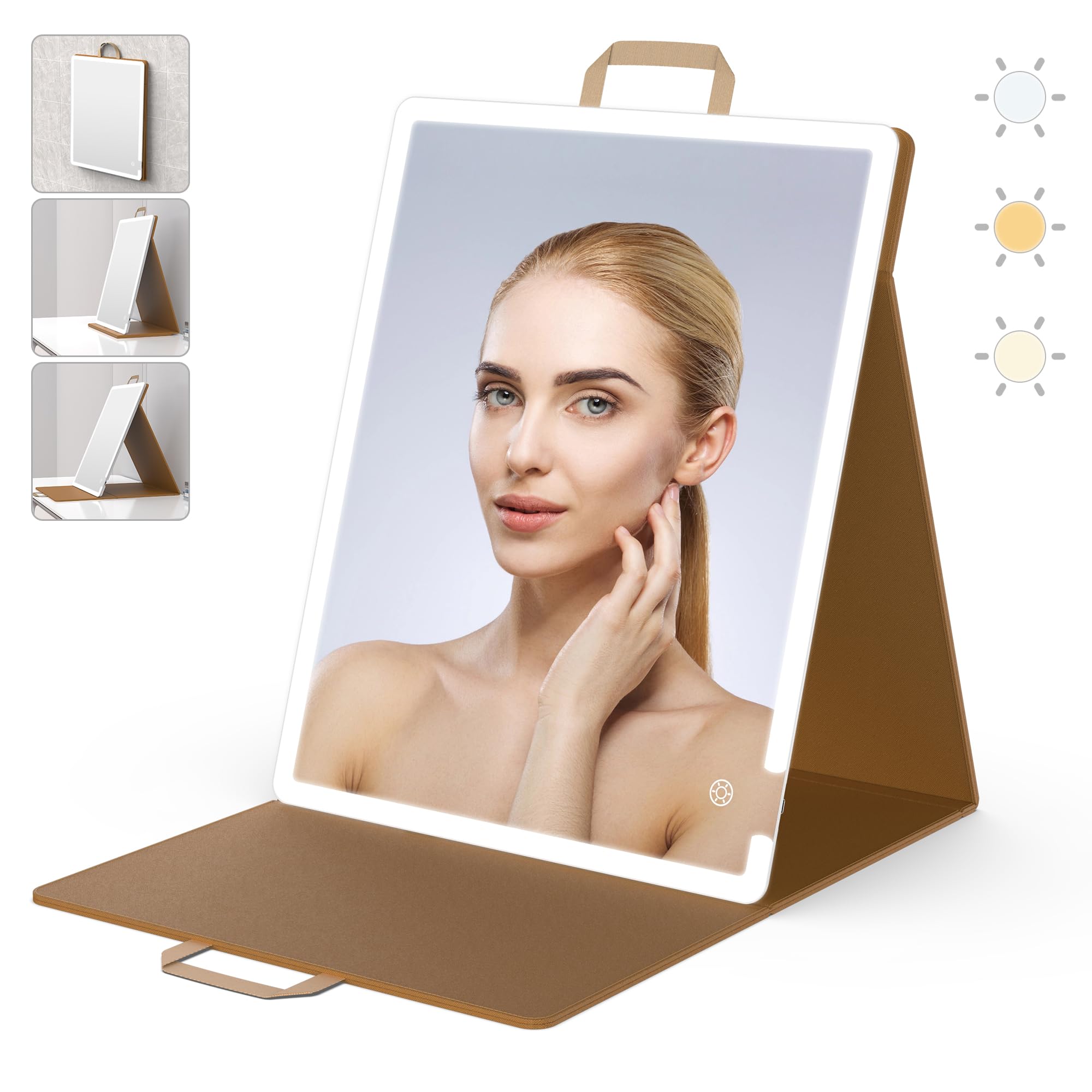 WEILY Espejo Maquillaje con Luz, Espejo Plegable Grande Portátil, Espejo Pared con 3 Luces de Color, Espejo Mesa 2000 mAh USB Recargable, Espejo de Cuero PU para Tocador (41 x 51 cm)