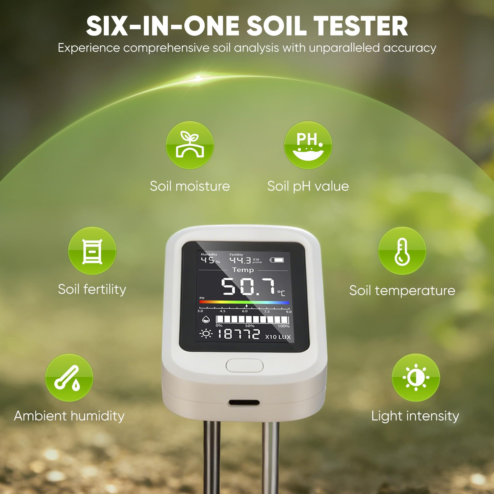 6-en-1 mesureur de sol avec Type-C, mesureur d’humidité pour plantes, capteur d’humidité du sol, mesureur de pH du sol, hygromètre pour plantes et testeur de sol pour pelouse, jardin et plantes en pot