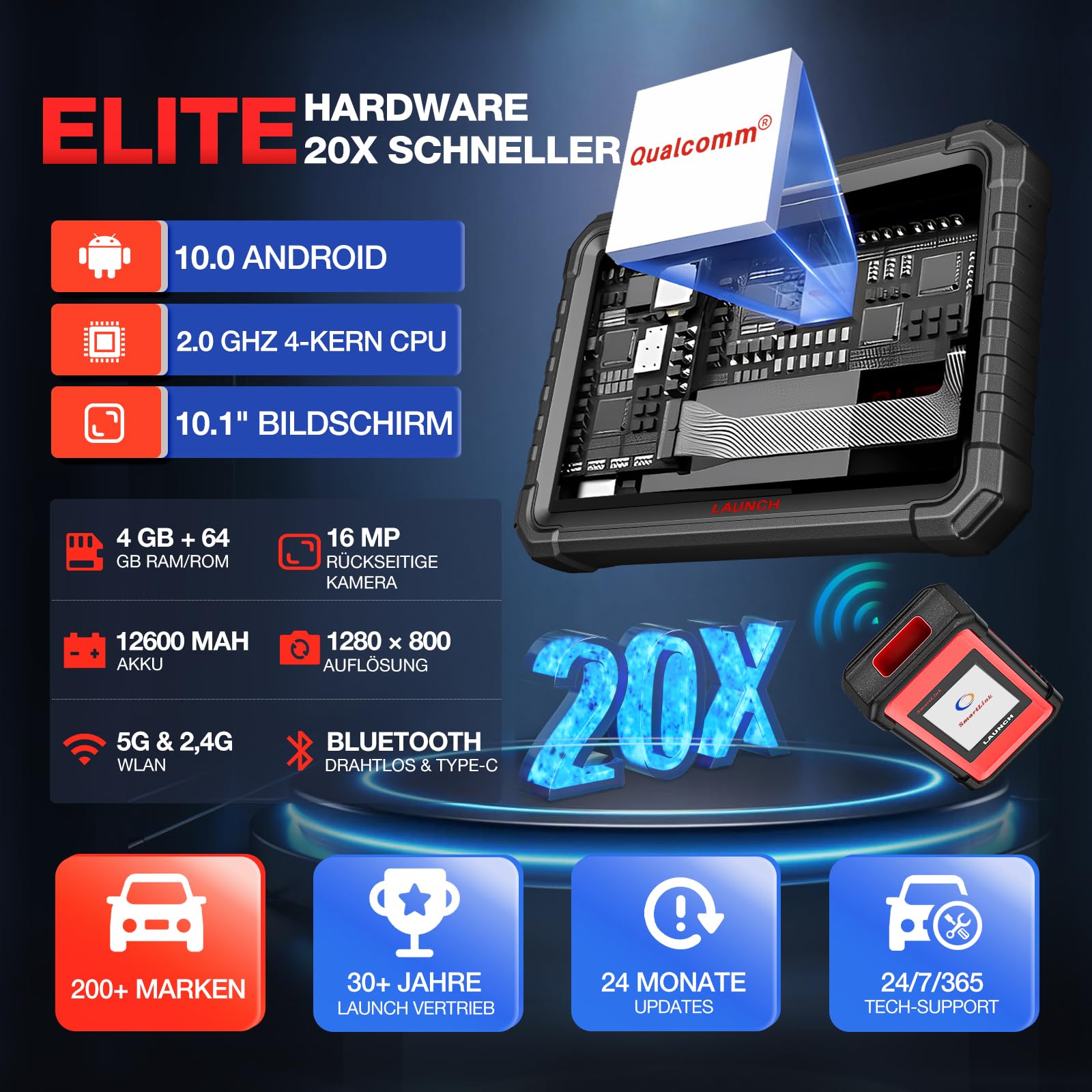 LAUNCH 2026 X431 PRO3S+ Elite mit SmartLinkC 2.0 –Profi OBD2 Diagnosegerät für alle Autos, OE-Level, ECU-Codierung, 60+ Resets, Topologie, J2534, 4000+ bidirektionale Tests, CAN FD/DoIP, D-PDU & FCA