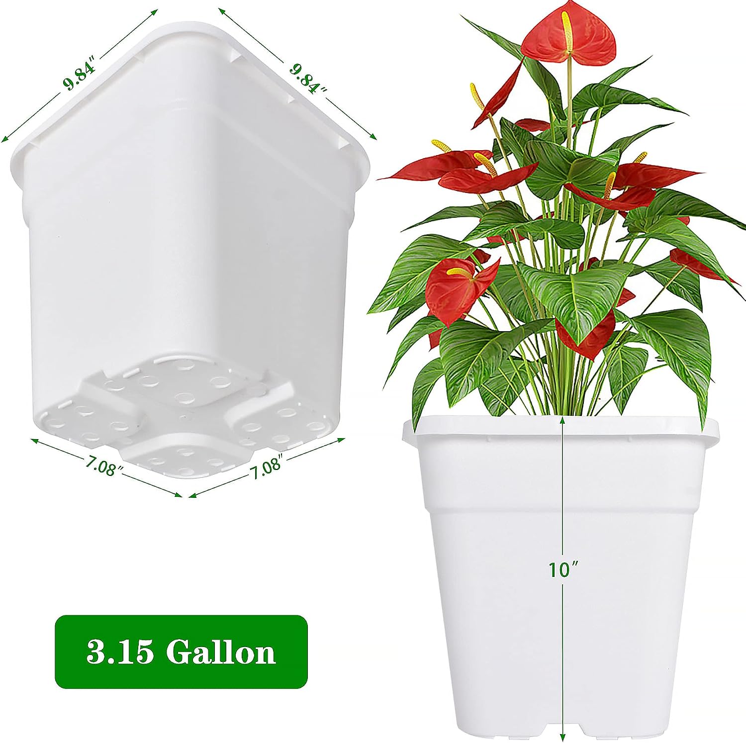 Square Planter Nursery Pots 3.15 Gallon Pots for Plants, Injection Molded Plastic Nursery Pots, Plant Container White 3.15 Gal 10-Pack