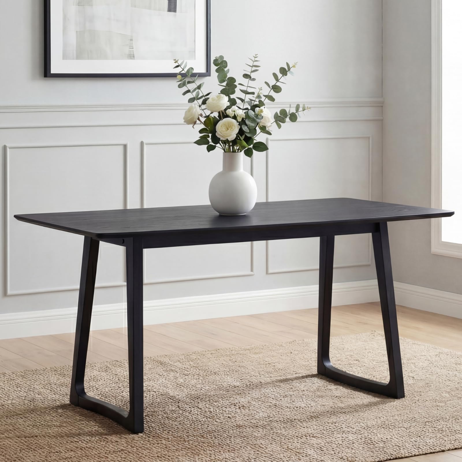 HNY 63'' Rectangular Wooden Dining Table, Farmhouse Kitchen Table for 4 to 6, Mid Century Modern Dinner Table for Breakfast/Dining Room/Restaurant/Living Room, Black
