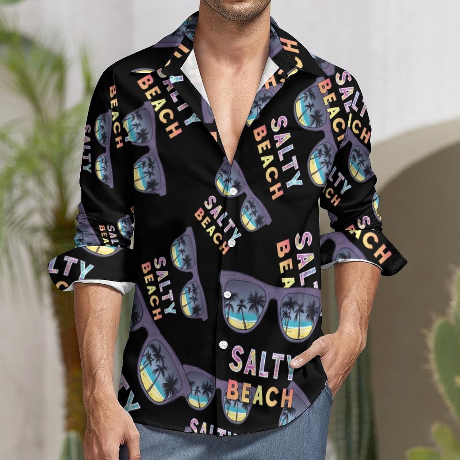 Beach Vacation Printed Long Sleeve Shirts Casual Dress Shirt Button-down T-shirts for Men