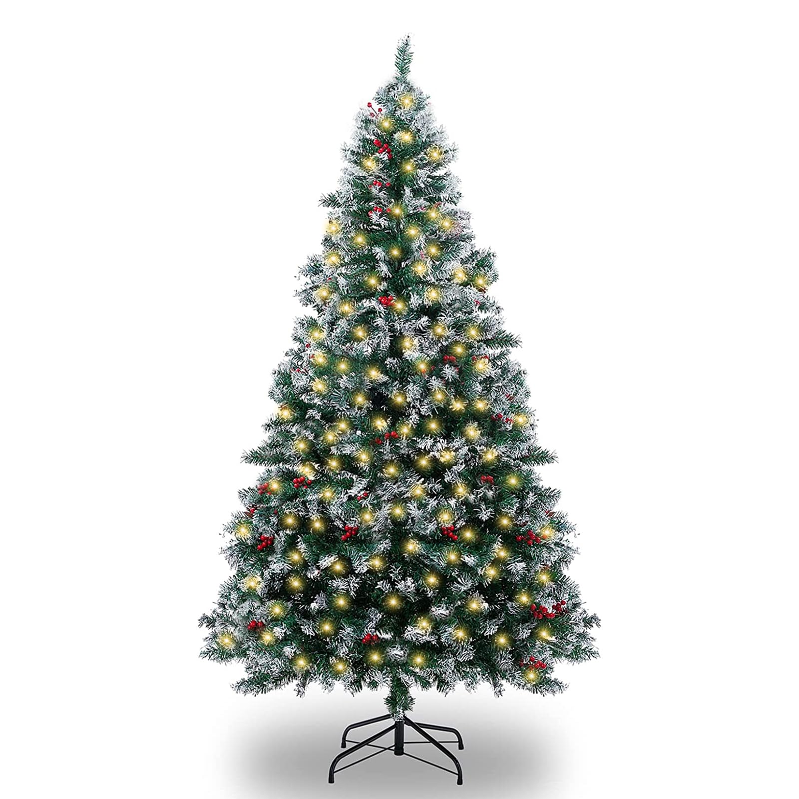 Artificial Christmas Tree, 6ft/180cm Snow Christmas Trees with 1000 Tips, Red Berries, 200 Lights, Indoor Holiday Festival Decoration
