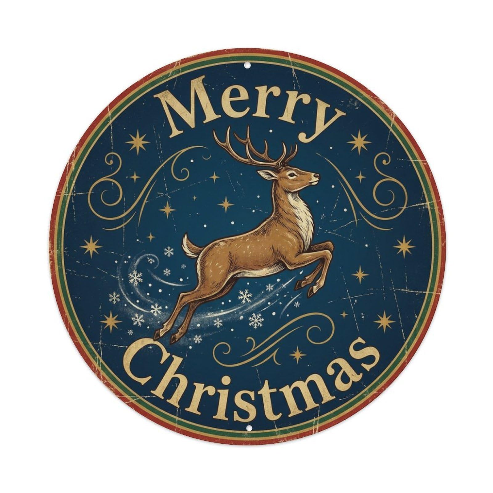 Merry Christmas Reindeer Flying High Metal Tin Sign