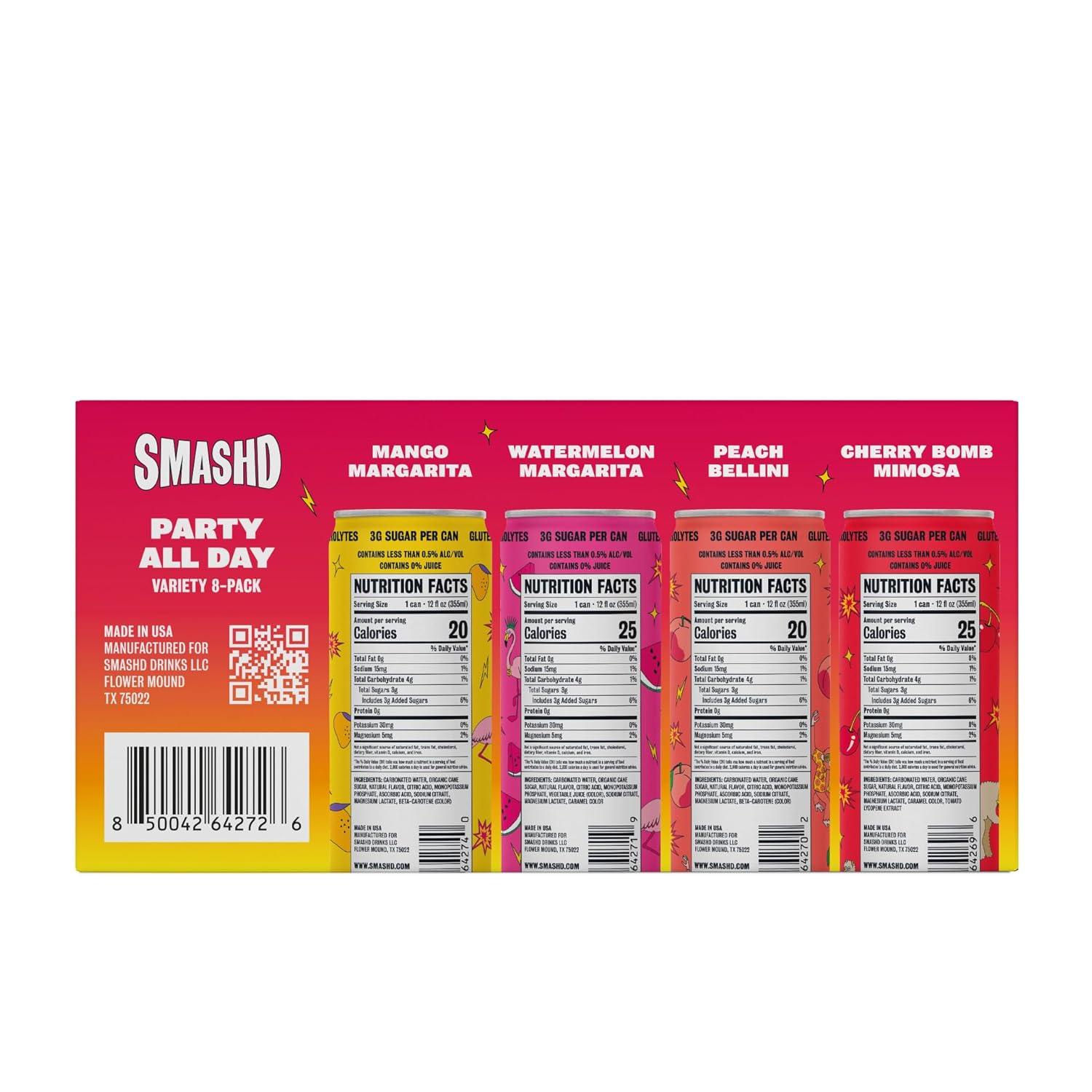 SMASHD Party All Day Non-Alcoholic Cocktail Variety Pack, 8 x 12 fl oz Cans | Ready-to-Drink Mocktails | Low Calorie, Low Sugar, Low Carb | 45 Calories per Can | Gluten Free with Electrolytes