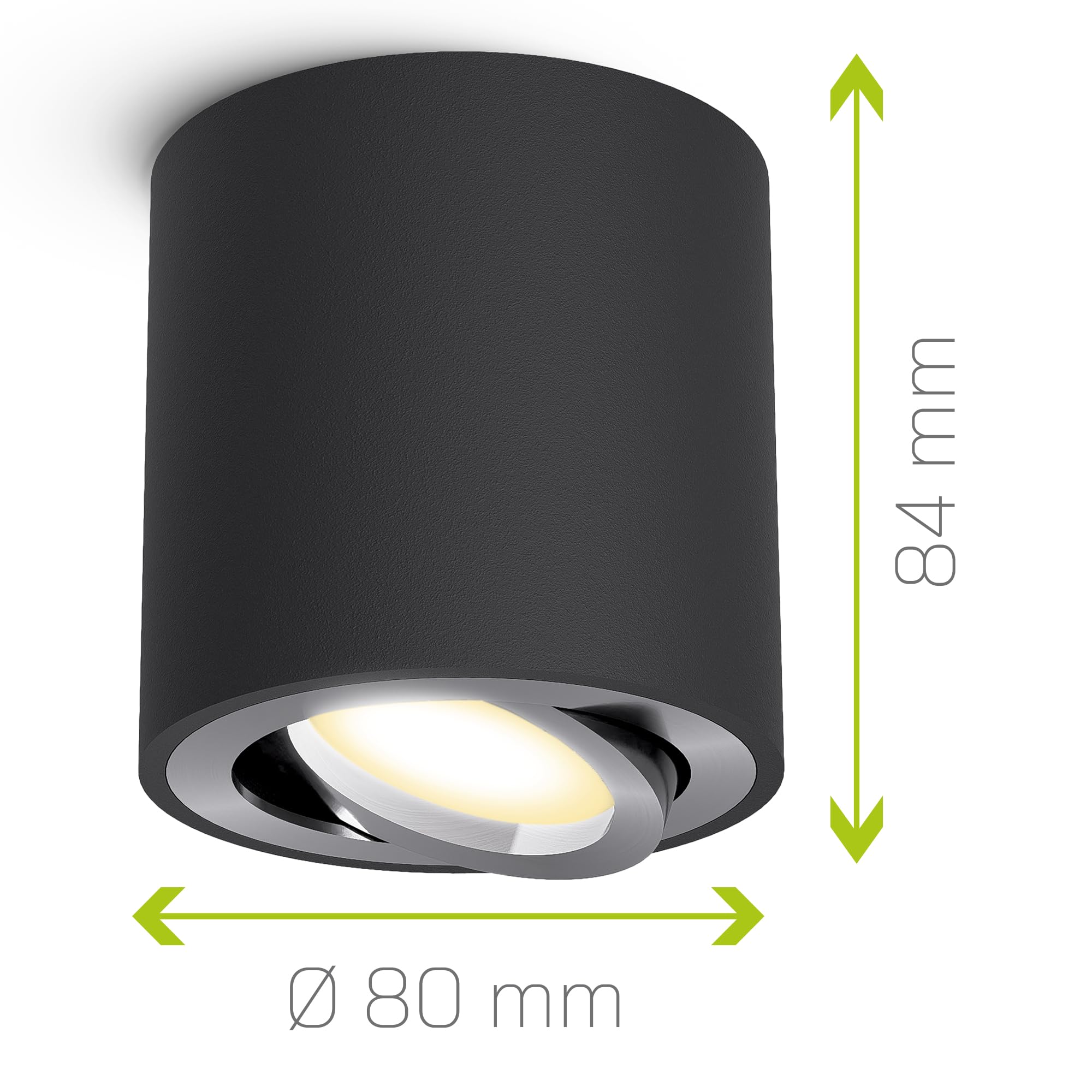 linovum CORI Aufbauspot schwarz gebürstet dimmbar - mit LED in drei Lichfarben GU10 230V 6W - Aufbau Strahler schwenkbar rund Ø80x84mm