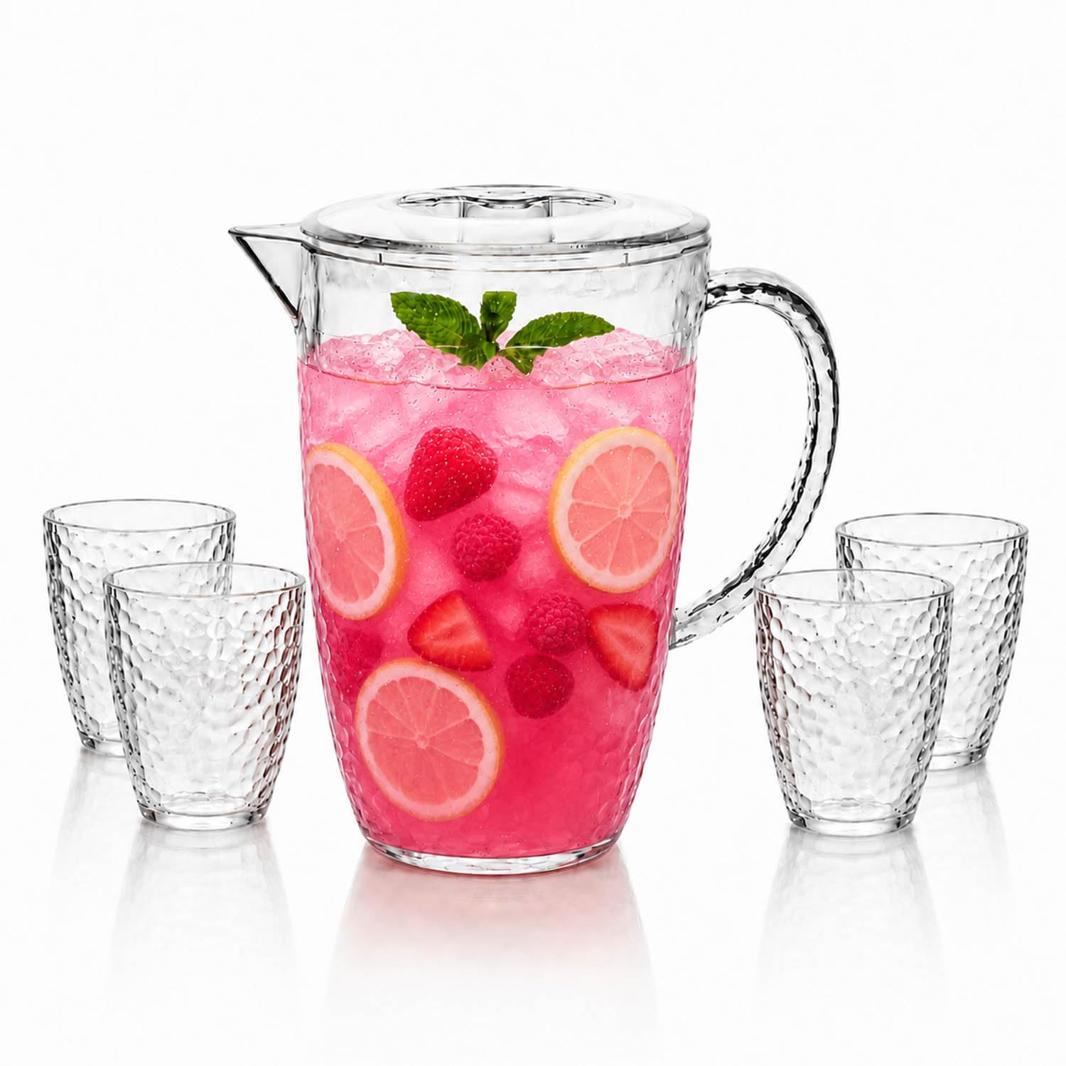 UNIQUE HOME LIVING Clear Acrylic Pitcher 2 Litre Water Jug with Lid, BPA-Free, Juice Jugs with 4 Cups Set for Iced Tea, Lemonade, Cocktails, Cold Beverage Carafe for Fridge - Dimples Design