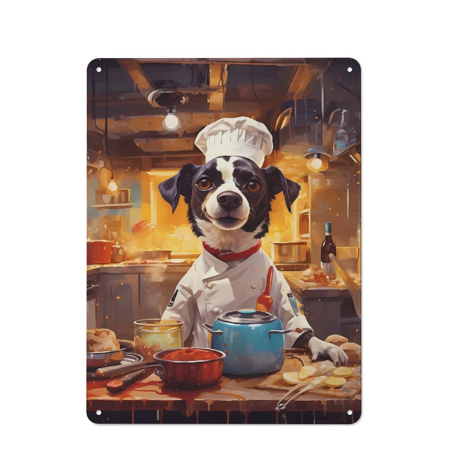 Junmoney Dog Chef Cooks In Kitchen Tin Wall Plaque 40X30cm With For Garage Or Workshop, For Living Room, Hallway And Entrance Wall Decor